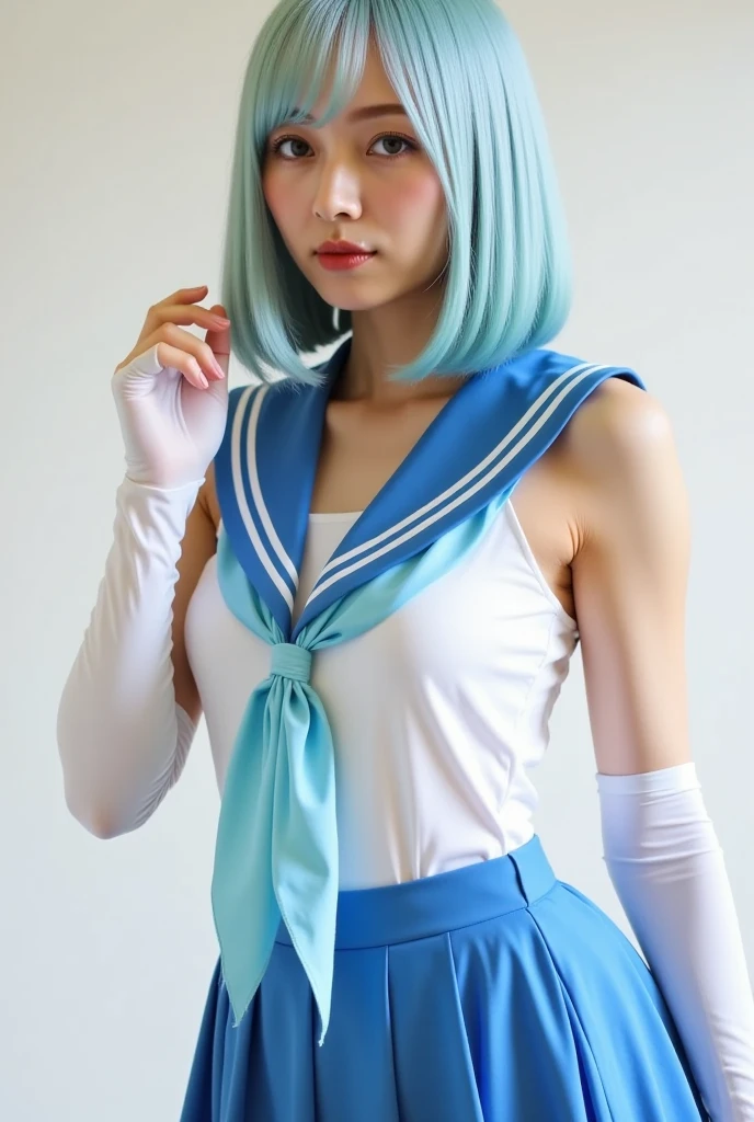 Long, slender legs, Woman with sky blue hair posing, Tight light blue suit, Dress neatly, Elegant legs, Wear white high heels，girl, Very beautiful, long and slender legs, Close-up portrait of a woman in a blue suit and red cape, Capcom, As a Tekken character, fighting game character,King of Fighters character,