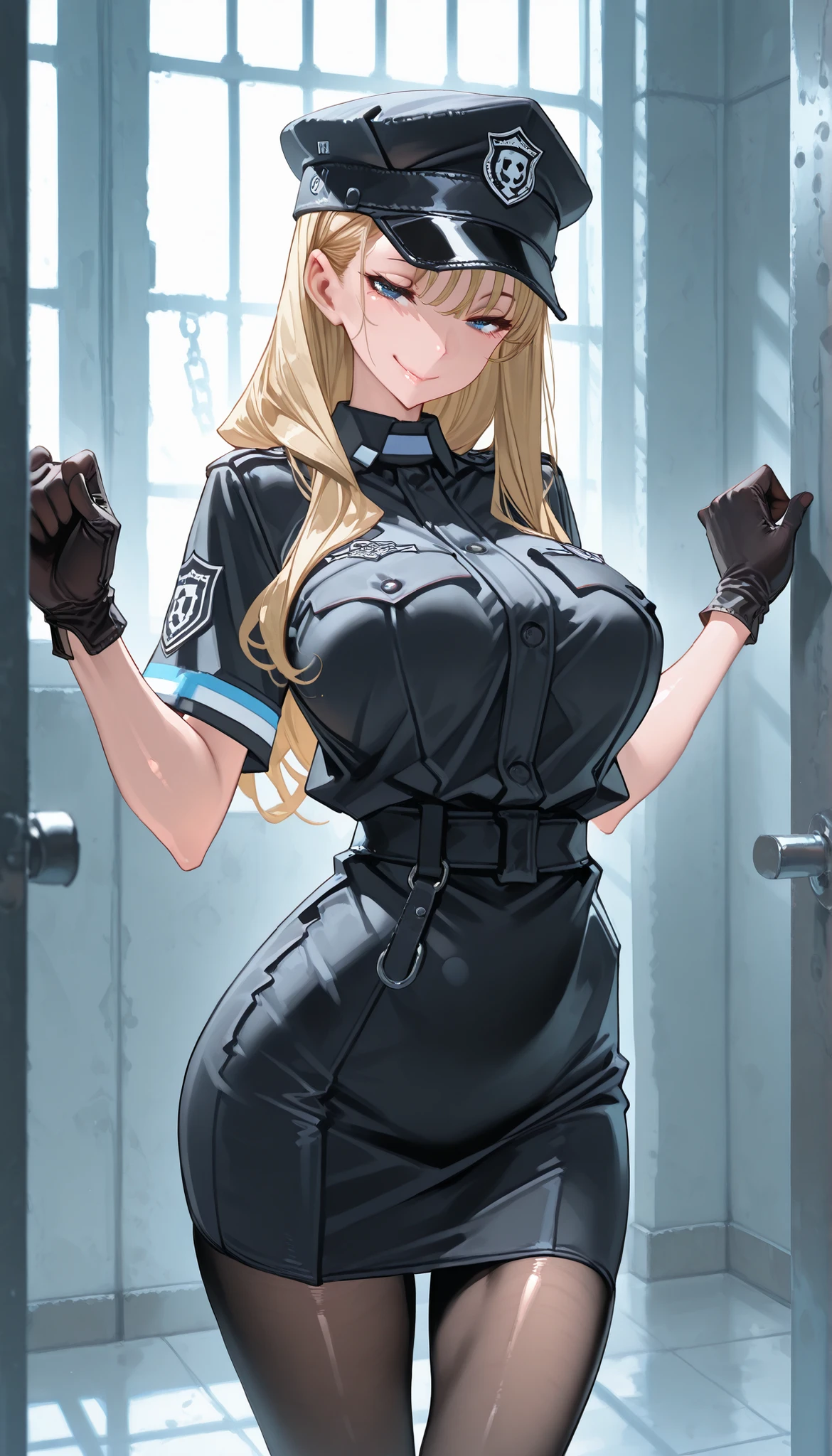 A female prison guard in uniform,Standing in the prison aisle,Black guard cap,Black short gloves,Black pantyhose,Shiny skin,(blonde long hair),Open Pose, seductive smile,Slim body,huge opaai,Prison,UHD, SOLO, anatomically correct, masterpiece, textured skin, high details, highres, 1080P, 16k, accurate