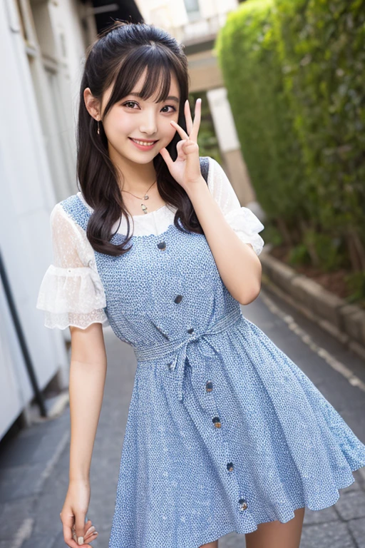 1girl in、AS-Adult、A smile、A delightful! The shirt、skirt by the、(small tits)pinafore、doress、hair adornmentaids)、Spring breeze、