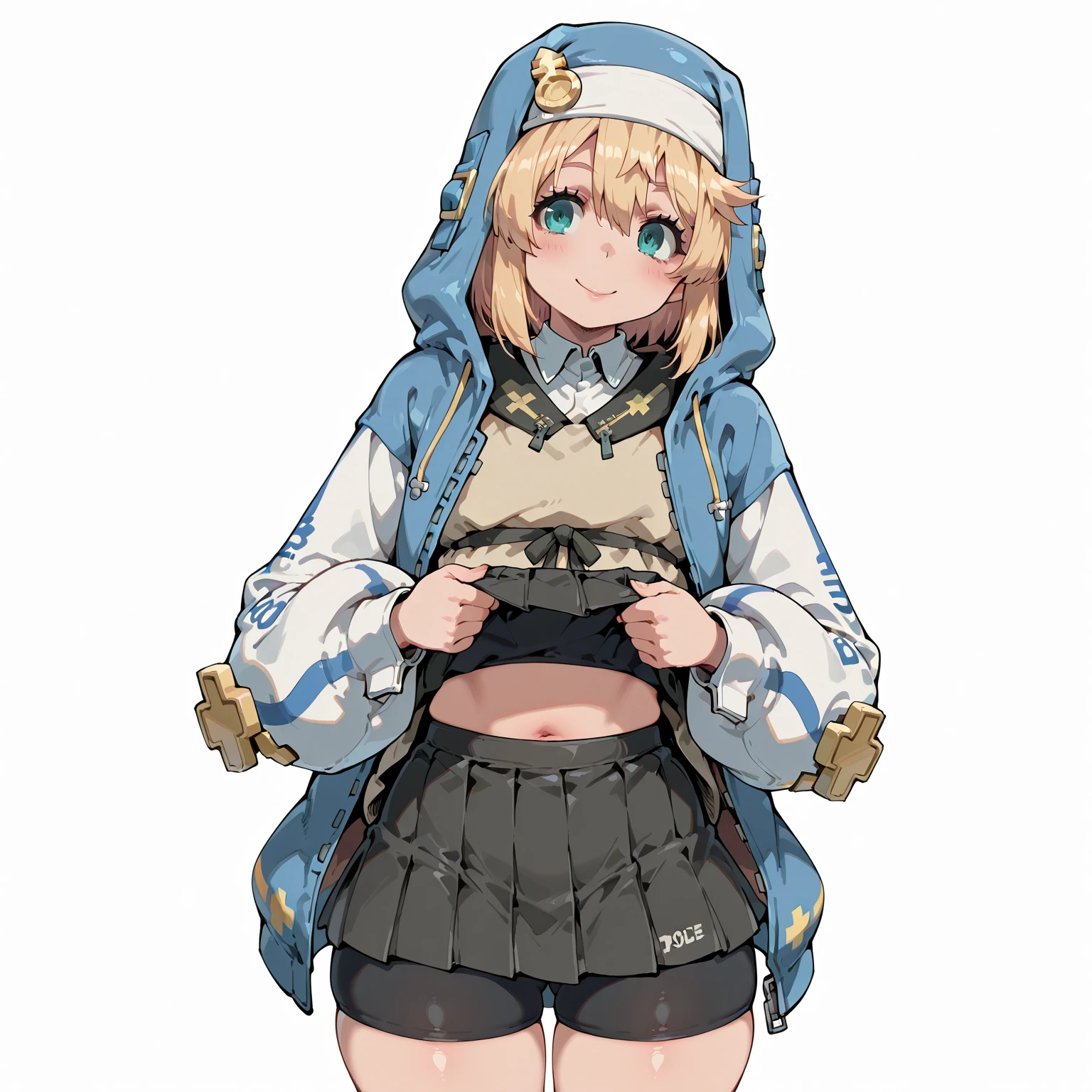 (masterpiece, Highest quality:1.2), alone, One girl, Gusbridget, smile, View your viewers, Put your hands in your pockets, Hooded jacket, Long sleeve, Black gloves, Fingerless gloves, skirt, Bike Shorts , (tiny chest:1.3), nsfw