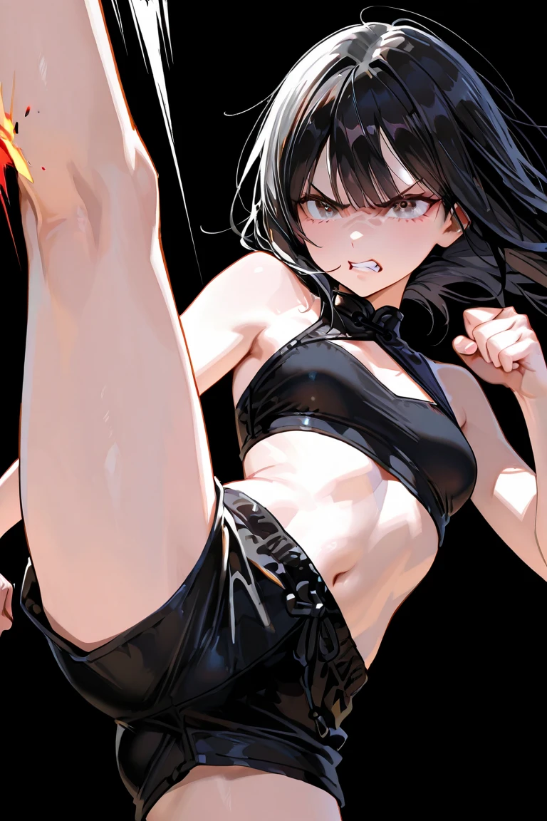 Kurumi tokisaki,adult, six pack abs, muscular arms, red sports bra, black sports leggings, long short, hair style two ponytails,  big breasts, huhe breast, Bodybuilder Girl, perfect abs, six pack abs, perfect body, standing, simple background 