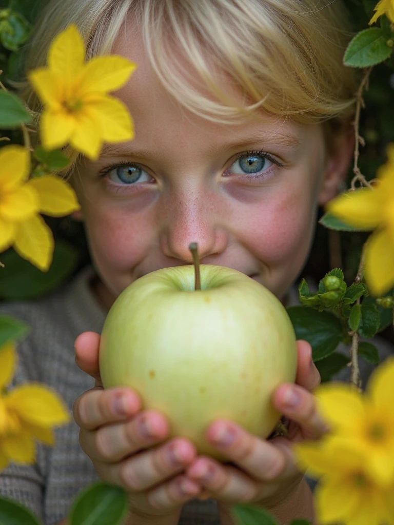na frente de uma luz azul, BEAUTIFUL RUSSIAN GIRL CHILD BLONDE HAIR bun, olhos brilhantes, olhos perfeitos, 10 anos. on an agricultural farm surface, with farm animals and apples and oranges.