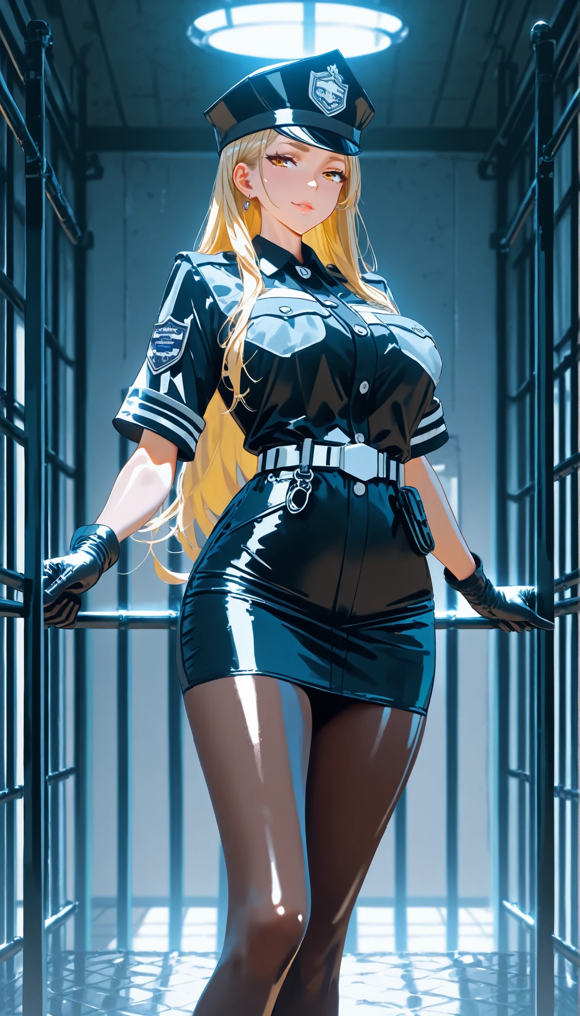 A female prison guard in uniform,Standing in the prison aisle,Black guard cap,Black short gloves,Black pantyhose,Shiny skin,(blonde long hair),Open Pose, seductive smile,Slim body,huge opaai,Prison,UHD, SOLO, anatomically correct, masterpiece, textured skin, high details, highres, 1080P, 16k, accurate