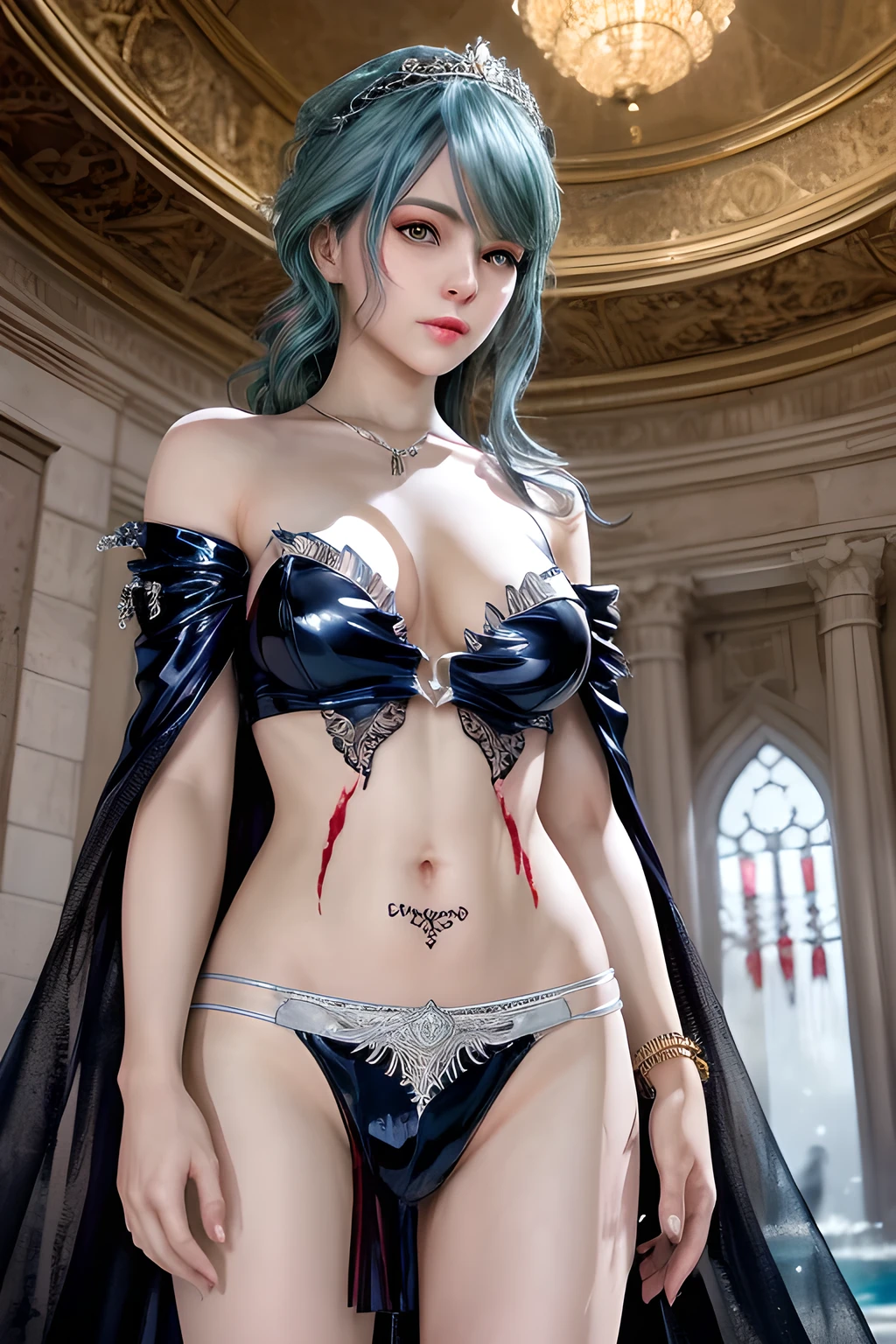 8K, Top Quality, Intricate Details, Ultra Detail, Ultra High Resolution, Masterpiece, close up shot, (full body: 1.1), Slender, Smile, (Makeup: 0.4), ((sexy pose,)), (Fluffy blue Eyes: 1.21), (()), 1girl, solo, 1 girl, ((bangs, blue hair, bangs, very short hair, bangs )), close up shot, , ((tall)), (((fit body))), (((slim face))), sharp face, ((, wind blow hair, )), ((naked, nude, open black cape, micro cape, mini cape)) , (detailed face), sharp face, small lips, perfect hands, ((walking pose, walk pose)) , ((, ,)), , ((cleavage, crotch,)),, detailed face, detailed breast,, huge breast , ((detailed nipples, detailed breast , detailed nipple)), detail ass, Narrow Waist, Skinny, tall , 175 cm tall, Muscular, Navel, Exposed Abdomen, Pointed Chest,, Beautiful girl with accentuated slender abs: 1.4, Six Pack Abs: 1.4, Bust Botox, Big, Perfect Body, detail leg, (( dark background)), black background,