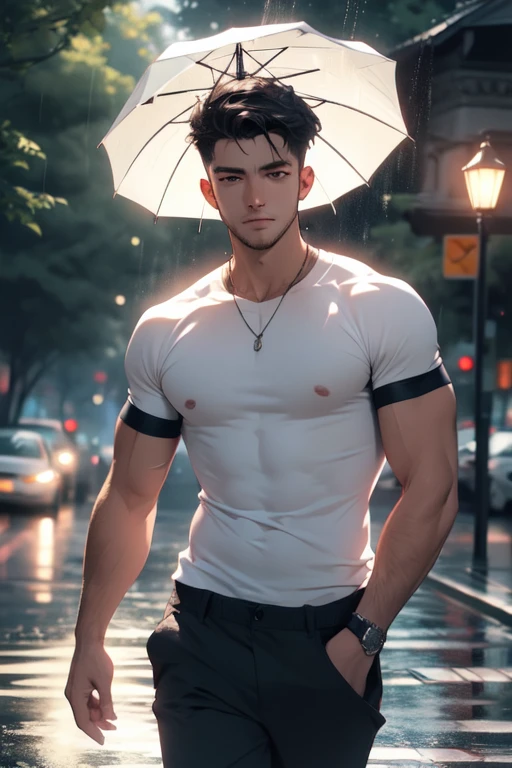 Portrait of a muscular gay man wearing nothing, facial symmetry, striking features, outside rainy weather, tack, sharp, rainy weather, nature, fine-art photography, vibrant colors, highly detailed, 180mm f/1.8, national geographic photograph