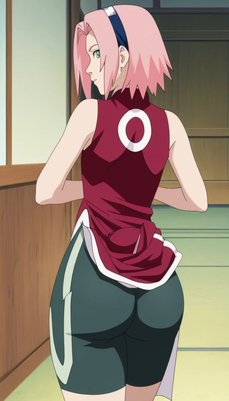 High resolution, ultra-sharp, 8k, masterpiece, Haruno Sakura, looking at the viewer, Photography from behind, thick ass, wearing pink thong, seductive smile, beautiful face, ashamed,