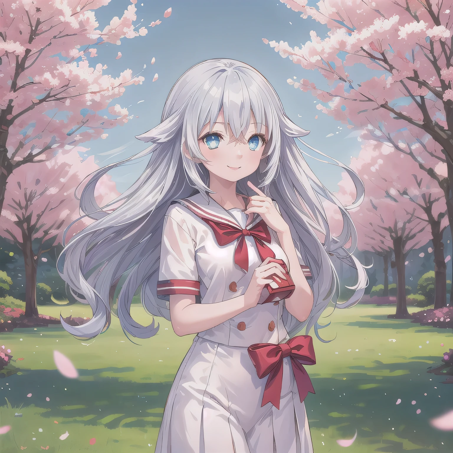 A breathtakingly beautiful 20-year-old woman stands in a lush park filled with cherry blossoms in full bloom beneath a clear blue sky. She wears a classic sailor uniform and gently holds a small, neatly wrapped gift box adorned with a red ribbon. Her radiant smile and joyful expression convey heartfelt happiness. Long hair, silver hair, blue eyes.