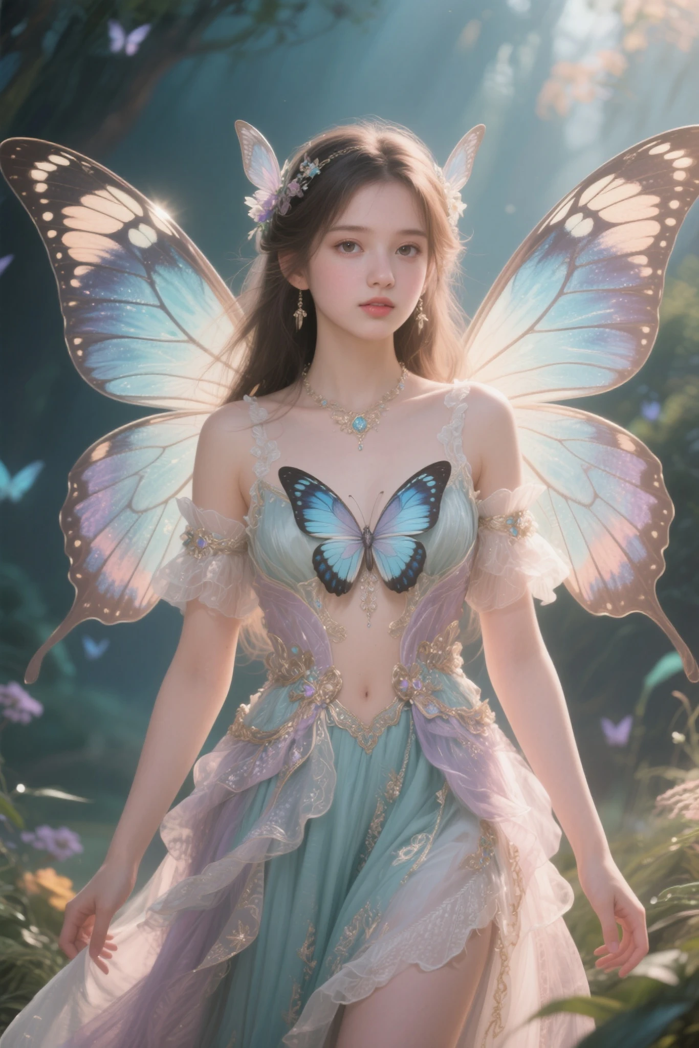 color photo of a flower fairy with transparent colorful wings, holding a magic wand， beautiful, ((ultra-detailed)), (highly detailed illustration), (expressionless), (best quality:1.2), realistic8K UHD, High definition,(masterpiece)