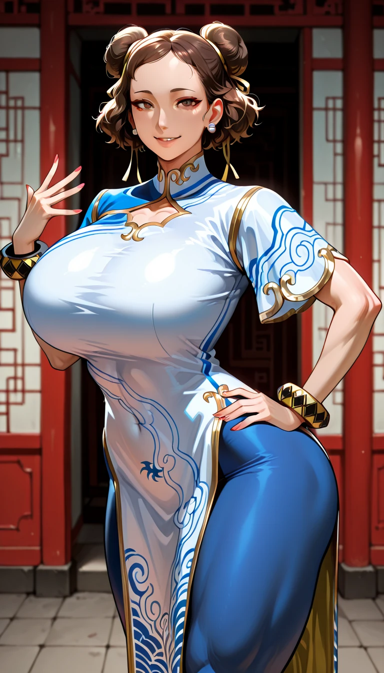 (masterpiece,highest quality,超A high resolution),japanese woman, (((Very beautiful 25 year old girl))), 3 pretty girls、look at the photographer、 ((beautiful low ponytail)), super cute face, glossy lips, double eyelids in both eyes,natural smile、 natural makeup, long eyelashes, Shiny and smooth hair、center image, perfect limbs, perfect anatomy,(((shiny cheongsam dress)))、(gigantic breasts:1.3), curvy body,