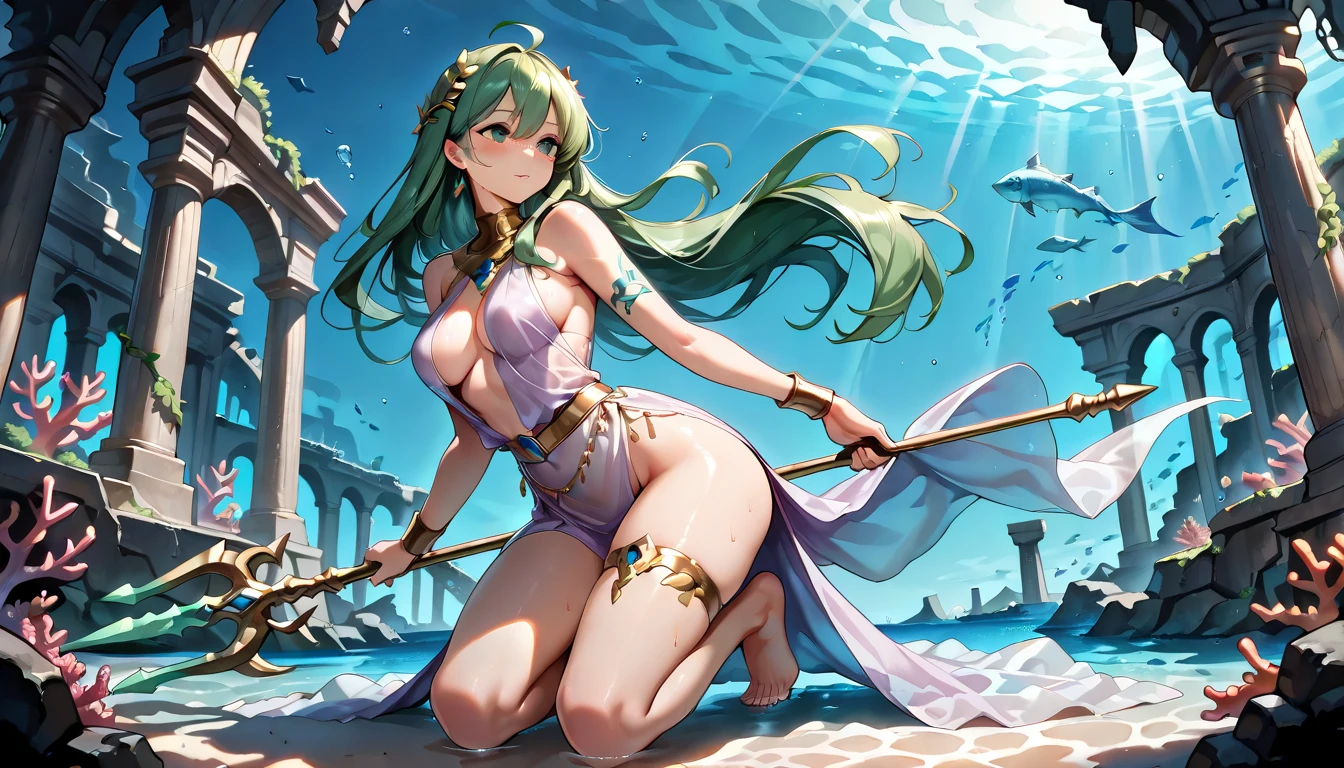 flat chests, nsfw, masterpiece, 1 girl, erect nipples, intricately detailed, topless, navel, bare shoulders, necklace, blue hair, embarrassed, loincloth, rock, gold trimmings, gold circlet, extremely detailed, photorealistic, octane render, 8 k, unreal engine, bare breasts, puffy nipples, closed eyes, carrying staff, blue gemstone, fantasy, enchanted, trident, magical, mage, bare stomach, sweaty, moist breath, child, arm strap, 1 side braid, atlantis, gold crown, underwater, swimming, gold arm strap, fish, corals, full body