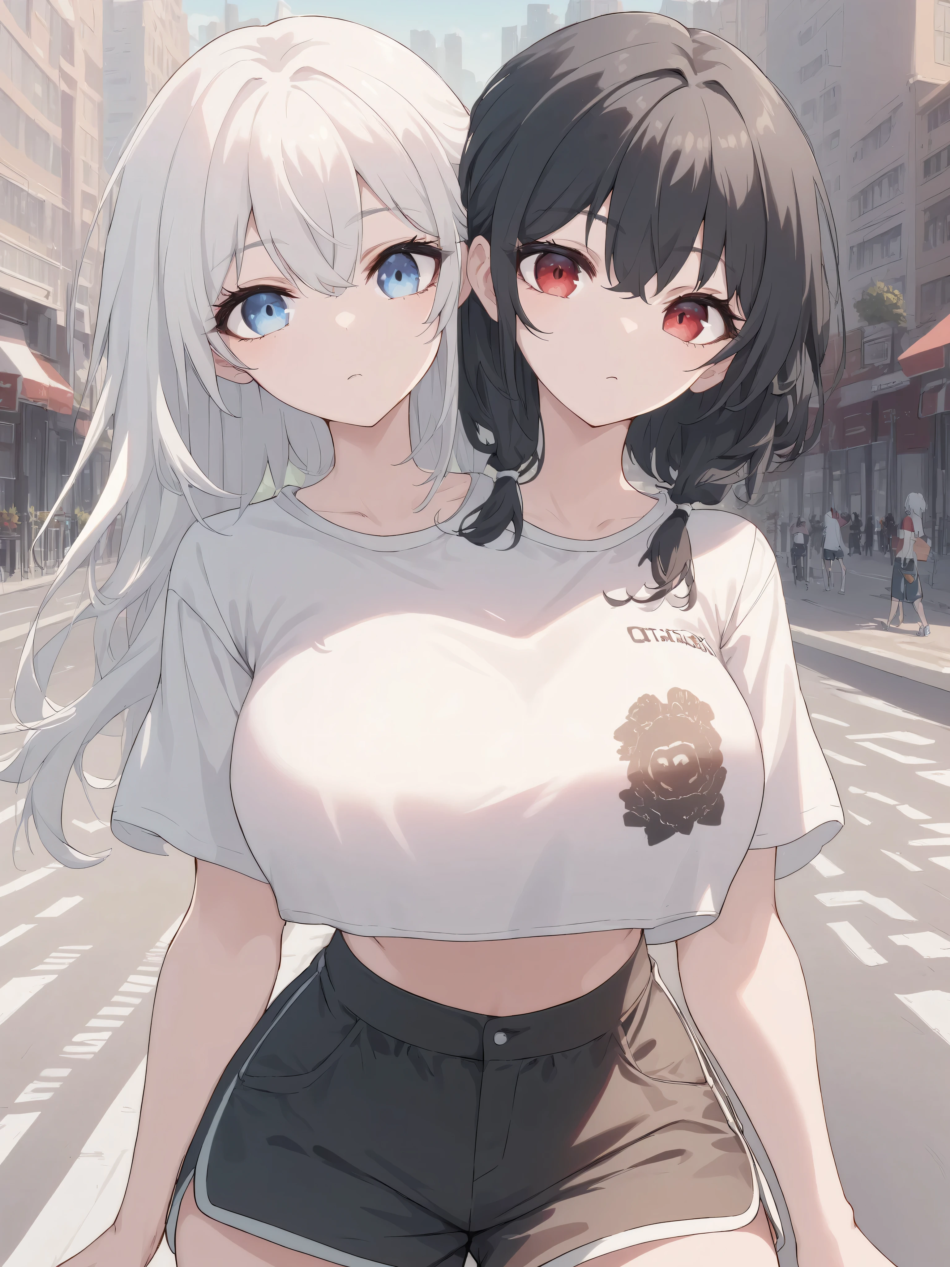 2heads, twoheads, a tall thin woman with 2 heads, white hair, black hair, blue eyes, red eyes, white T-shirt, white crop top, black shorts, large breasts, city,