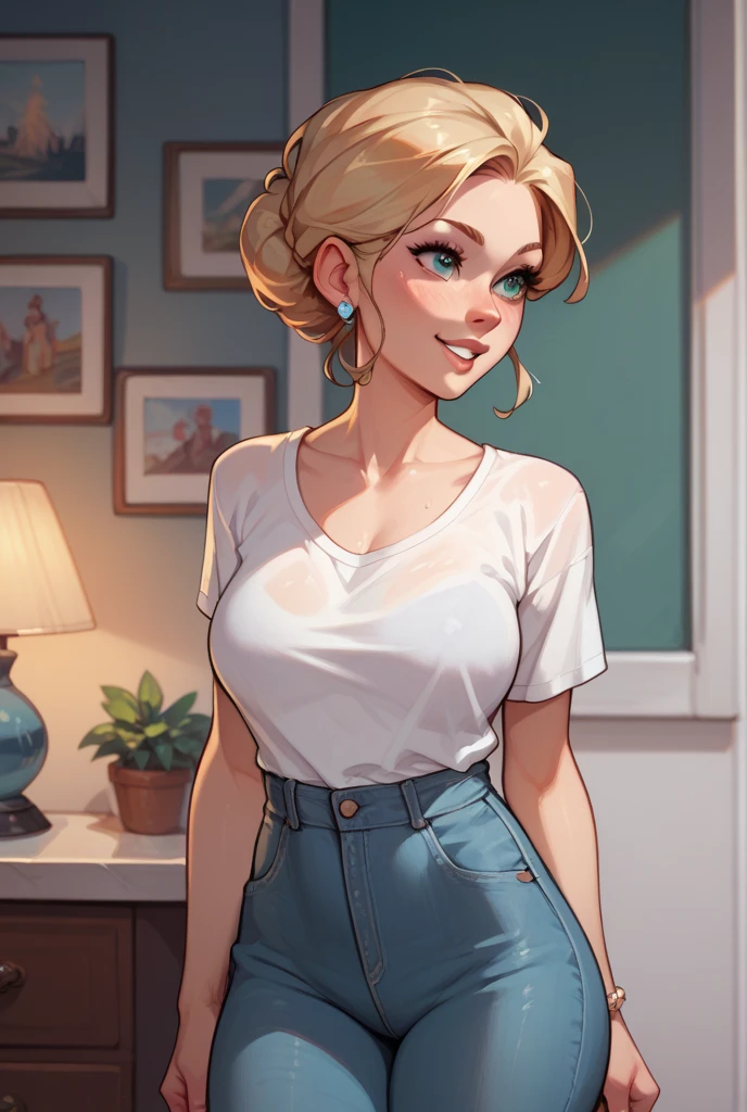 "A detailed image of a young woman with light blonde wavy hair, standing at home, dressed casually in a white t-shirt that hugs her curvy figure. He has a sweet expression on his face, with blue eyes and a defiant look. He is short in stature, with a curvy figure that includes prominent buttocks and medium, round breasts. She is standing next to a window with natural light that gently highlights her figure.. The scene is quiet and homely.."