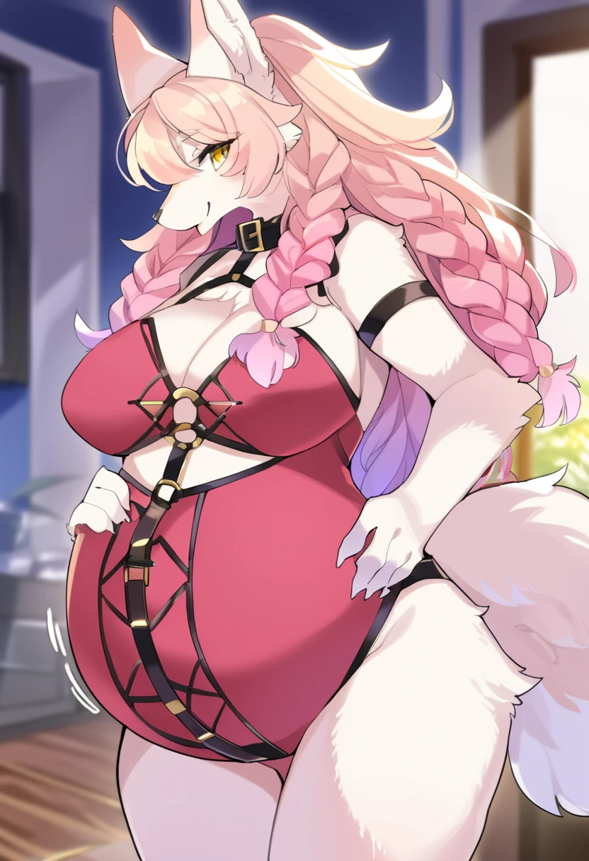 ((8k, 4k, Perfectly Detailed:1, High quality:1, masterpiece:1, perfect anatomy:1)), comic, text, furry, female, mature female, ((by cervina7)), Yae Miko Fox, sexy body, pink fur, ear rings, big breasts, thick thighs, cute face, clean eyes, pink eyes, white sclera, nightgown, thong, body movement, pregnant, breath, uncomfortable, going into labor