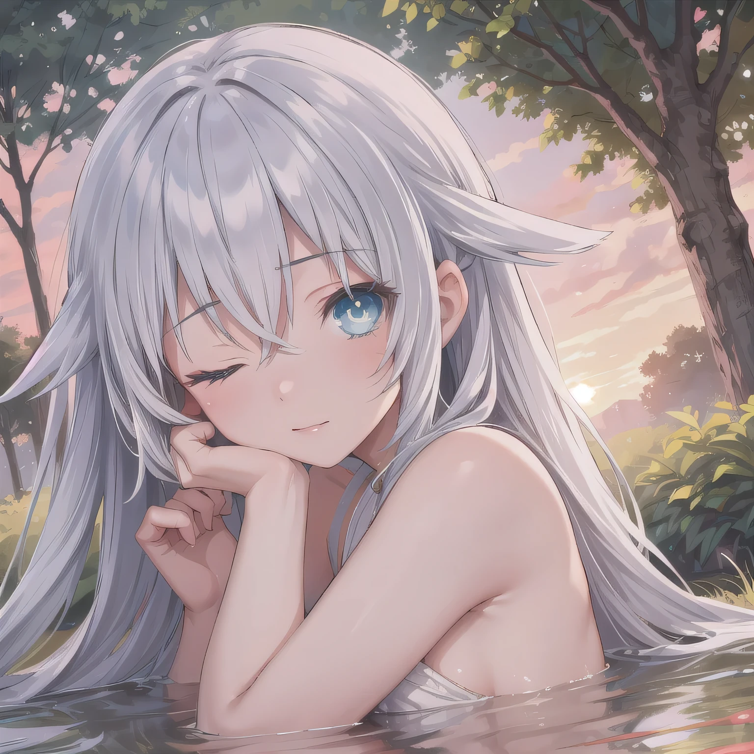 A breathtakingly beautiful 20-year-old woman stands in a lush green park at sunset, bathed in the warm golden light of the evening sun. Facing forward, her eyes gently closed, cheeks slightly flushed, and her face tilted upward as if anticipating a kiss, she embodies serenity and romance. The soft hues of the sunset complement the tranquil surroundings, enriching the dreamy atmosphere. Long hair, silver hair, blue eyes.