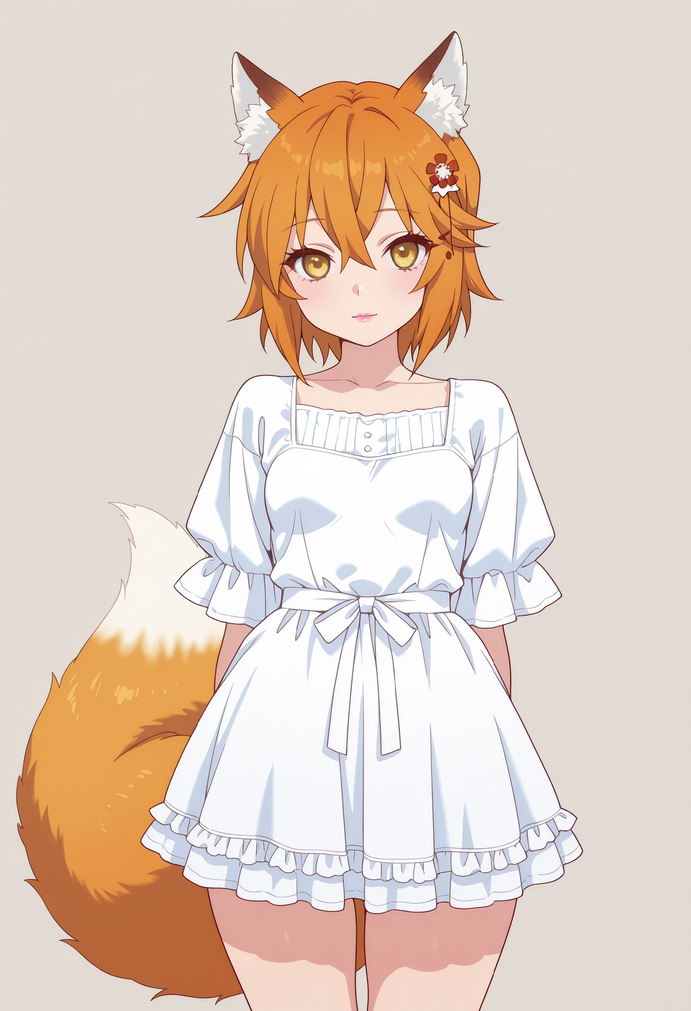 1girl, looking at viewer, facing viewer, cowboy shot angle, simple background, masterpiece, best quality, amazing quality, senko, bangs, orange hair, hair between eyes, yellow eyes, eyelashes, pink lips animal ear fluff, fox ears, fox tail, curvy body, small breasts, cute white frilly dress, LoRA: noribsXL_001_4(3,0), wide wips