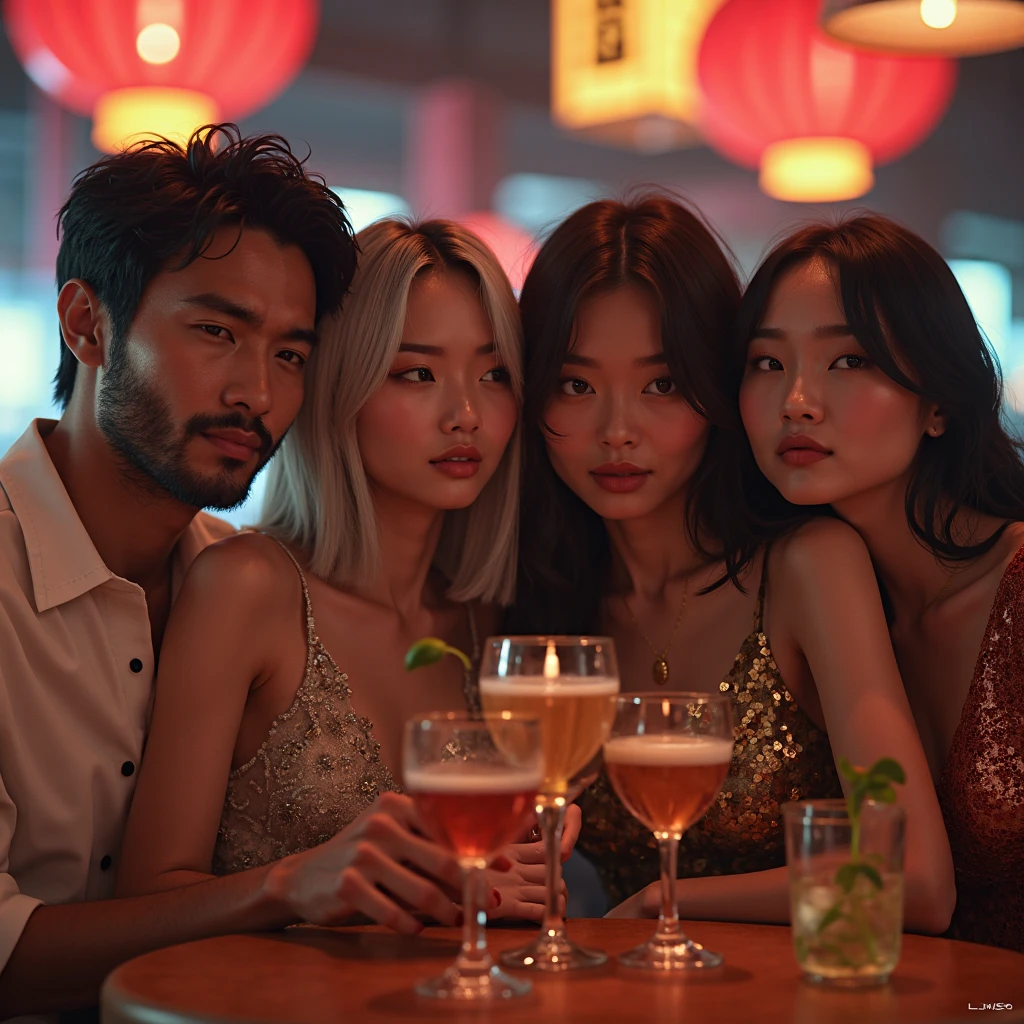 A black-eyed Korean man and a woman (Megan fox) blue-eyed, wearing elegant clothes, in Greece at night, Selfie, having a drink, boyfriends
