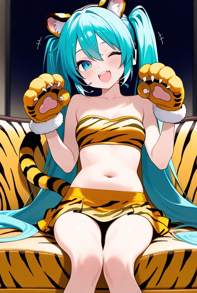 ram invader, detailed breasts, anime dick, (tiger print cheerleader: 1.2), （white panties:1.4）,muste piece, best quality, open mouth, tooth, ultra-detailed breasts, Yellow eyes, cute eyes, detailed face, a cute girl, big chest, red face, (wet with water: 1.2), Generally poor breasts, areola slip, (Position where panties are visible:1.5), (beautiful breasts: 1.2), (with a bright light source: 1.2), (heart shaped pupils opening their clothes: 1.5)