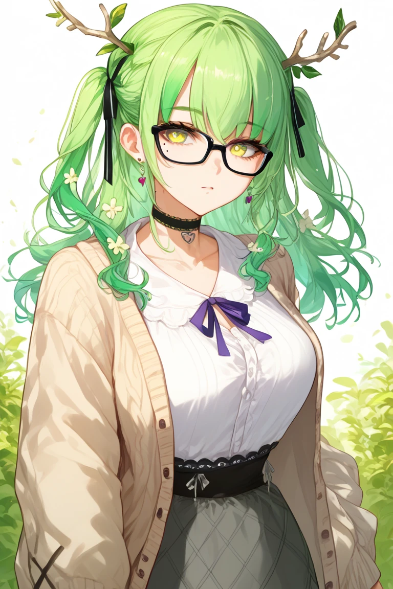 chibi, solo, adult lady, smile, long hair, hair over one eye, wearing glasses, sleeveless and Turtle Neck Sweater, big breast, holding large umbrella, rainy day, hydrangea, green leaves, from side,