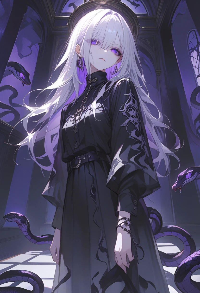 Medusa。part of the hair changes to snakes halfway through。Gothic ta style casual clothes。The iris of the eye has a vertical pattern。A room in a Western-style building。There are lots of snakes on the floor。