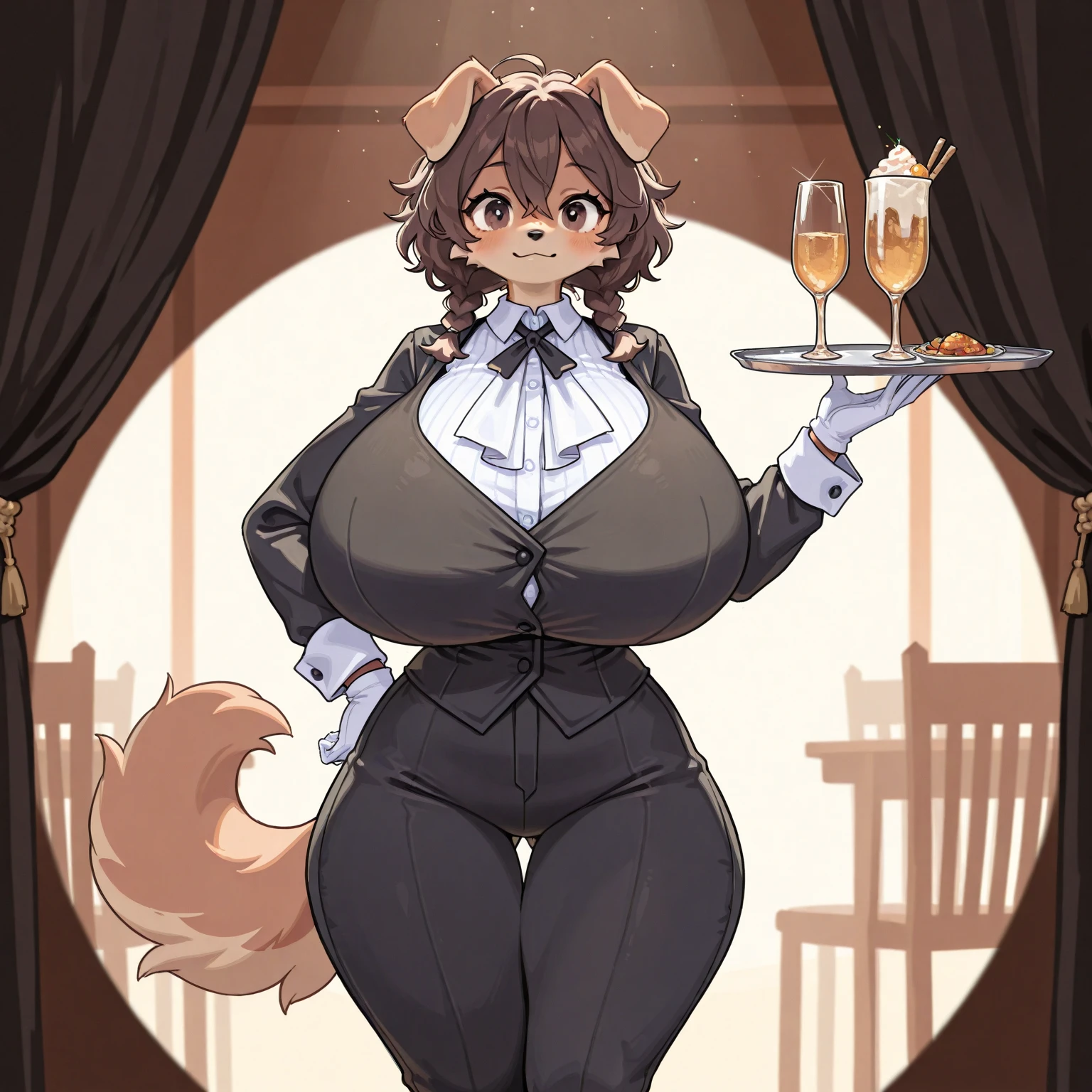 ((Grillby)) in a clean tidy black suit and tie jacket, Red hair, wearing a jacket with a smoke pattern on it, in black pants, hands in bandages, in anime style, bbw, Female, One, perspective front view, Huge ass, blushing, CHUBBY, Big breasts, tranquility, paws, low angle, Holding the chest, large areolas, soft smile, long curly, lush, voluptuous, thick, burn on left eye, ((working in a bar as a bartender)) in anime style