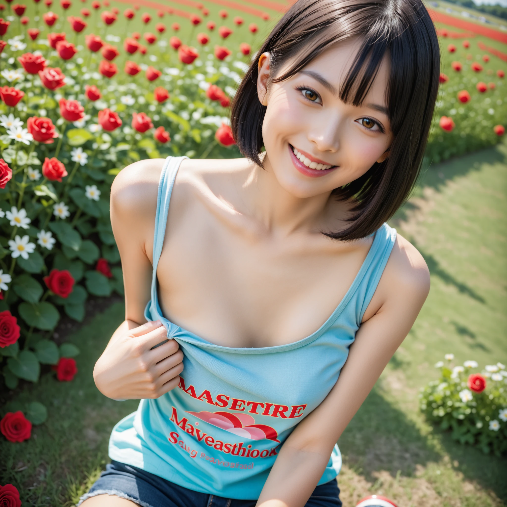 (squat)、(highest quality:1.5)、(Realistic:1.5)、(1 person:1.5)、(Very detailed)、(High resolution)、8k、(レース付きのダークカラーのmini skirtドレスを着る)、(Small breasts)、Natural color lips、Cute Smile、20-year-old girl、(Beautiful and elaborate face)、(Perfect and beautiful face)、(Big eyes)、(Beautiful and elaborate face)、(Beautiful, balanced eyes)、Beautiful double eyelids、Perfect and beautiful face、Arched thin eyebrows、Cute pose、Slim face、(Slim figure)、Beautiful and thin nose、 Beautiful Skin、(Medium Hair)、Natural Bangs、Fair skin、Front lighting、(Lighting the face)、Deep blue eyes、Slim waistline、(A hill full of colorful tuliplim and beautiful legs、Tulip Fields、