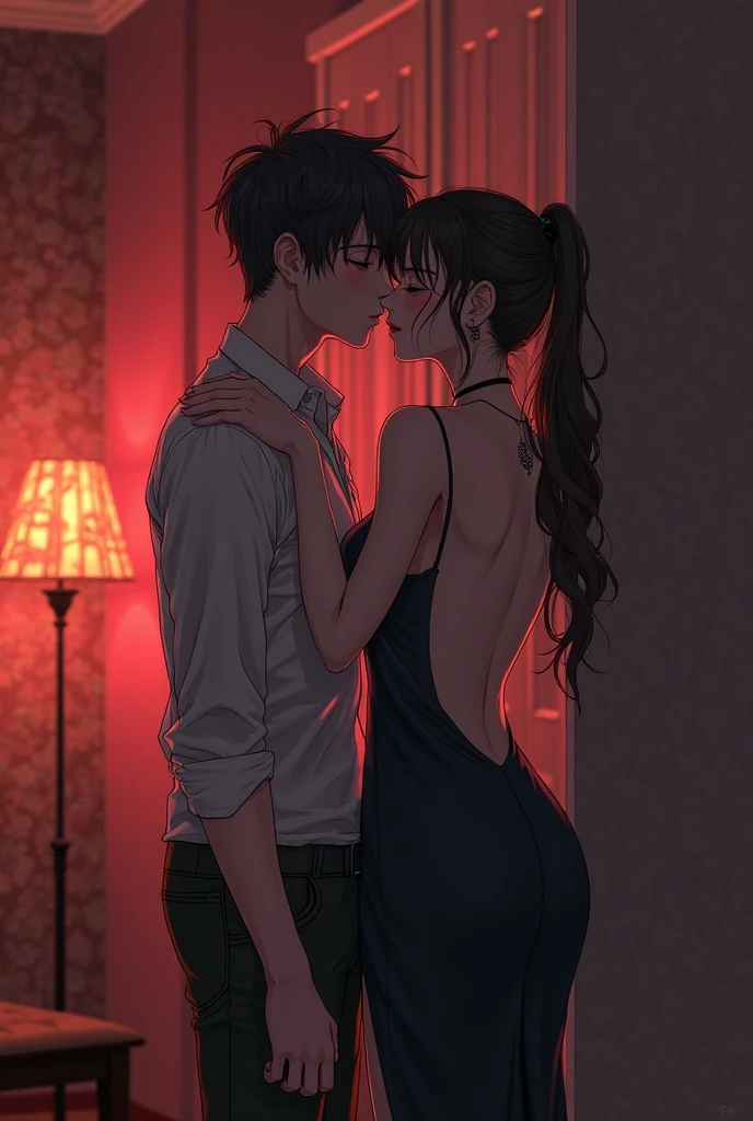 best quality, masterpiece, highres, detailed, anime screencap, SilhouetteFun, hetero, 1girl and 1boy, sliding door, dim light, nsfw, from side, cowgirl position, sex, vaginal, kiss, hug,