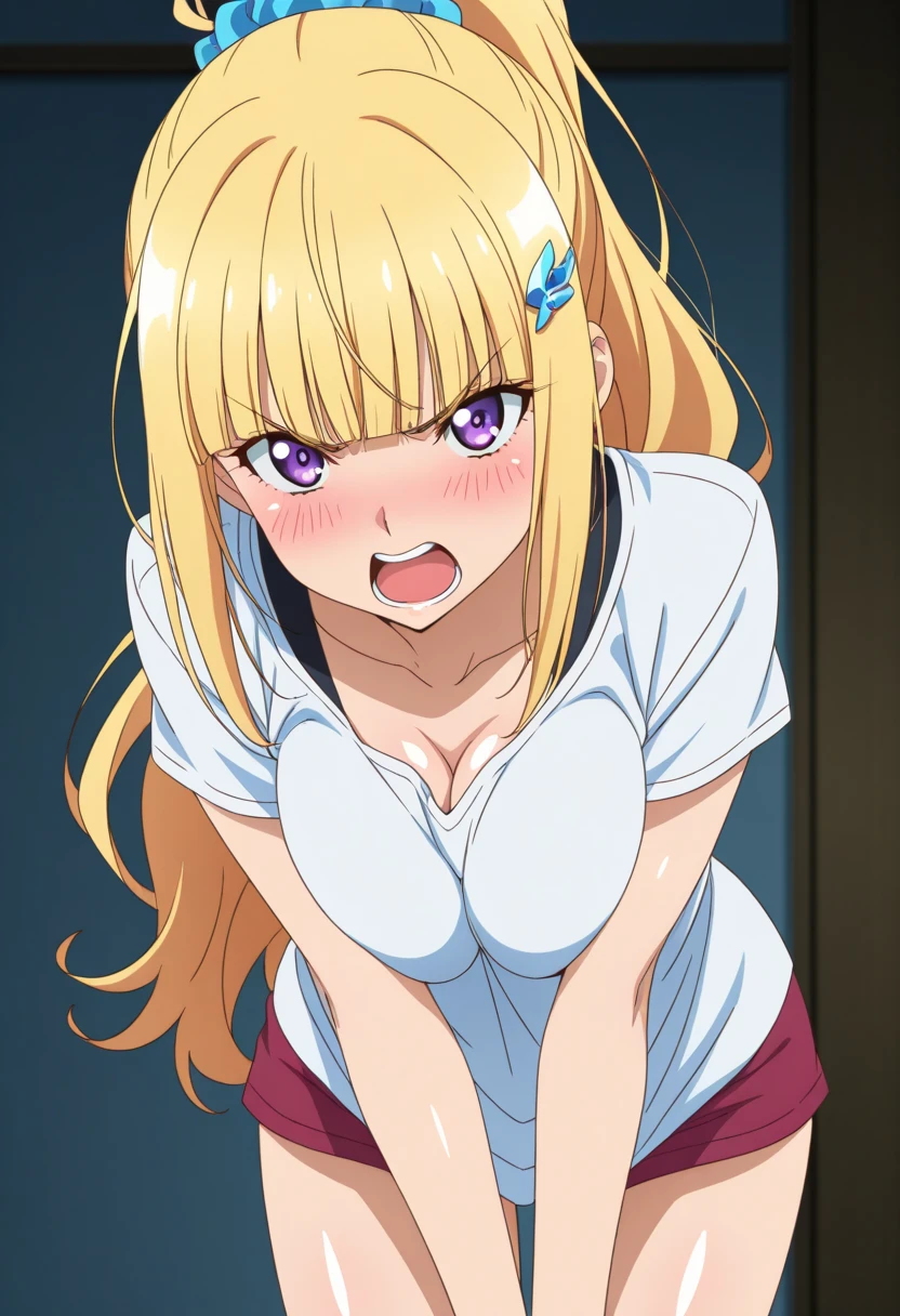 1girl,kitagawa marin,smile,(blonde hair:1.2),solo,shirt,choker,necktie,long hair,red eyes,jewelry,looking at viewer,,grin,(white shirt:1.2),earrings,black choker,bag,ear piercing,blush,piercing,bangs,blurry background,collared shirt,school bag,blurry,upper body,multicolored hair,nail polish,sparkle,long fingernails,fingernails,v,pink nails,selfie,gyaru,fake nails,small_breasts,sleeves rolled up,barbell piercing,black necktie,gradient hair,teeth,lace choker,collarbone,pocket,blue necktie,reaching towards viewer,long sleeves,(Five fingers:1.5),(fingers of detail:1.5),victory,1girl, (masterpiece, high resolution, ultra detailed, 8k, highest quality, photorealistic), illustration, anime colored, solo, (long hair, green hair, straight hair, silky hair), (green eyes, jewelry eyes, long eyelashes), (wearing black and orange bikini:1.5, tiger pattern bikini), blue sky, sunlight, full body, bare shoulders, collorbone, (large breasts), cleavage, looking at viewer, make eyes, embarrassed, to be charming, front view:1.5, (sitting on the glass, wariza), barefoot, (put finger on chin), no expression, smile, from front,