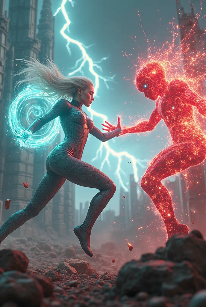 The image is anime style with shadows and dim lights, anime style although somewhat adult and dark, It shows a scene of the roads of a city. In the picture they are fighting an albino with long white hair, who wears a short white dress and has bare feet, against an android who has short black hair and a latex suit. They fight bare-knuckle over the highway, Shock waves come out of their blows. The image is focused from above, so you can barely see the fighters in question.