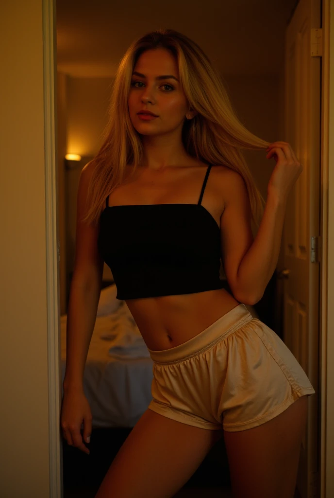 real blonde girl, very pretty, with black top and thong 