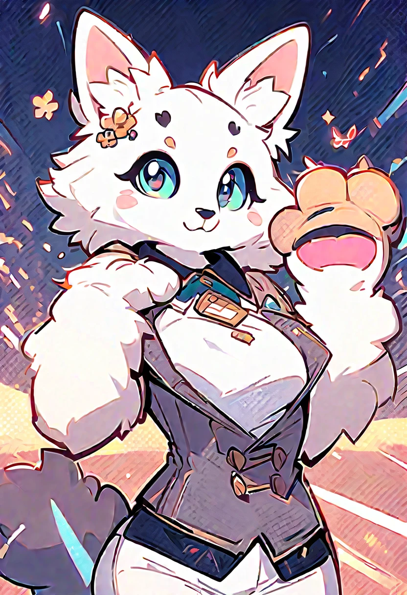 Clara Catnip, A medium-sized anthropomorphic cat with light gray fur and heart-shaped spots., emerald green eyes, pointed ears with white tufts, long tail with heart pattern, Sharp claws with pink glow, dressed in fashion from the 60s and 70s, dresses with geometric and floral patterns in vibrant colors, Silk scarves with heart motifs, large hoop earrings, tape measure around the neck, pins and needles held behind the ear, long white mustache, half-moon glasses, flirty style and 70s-60s hair.