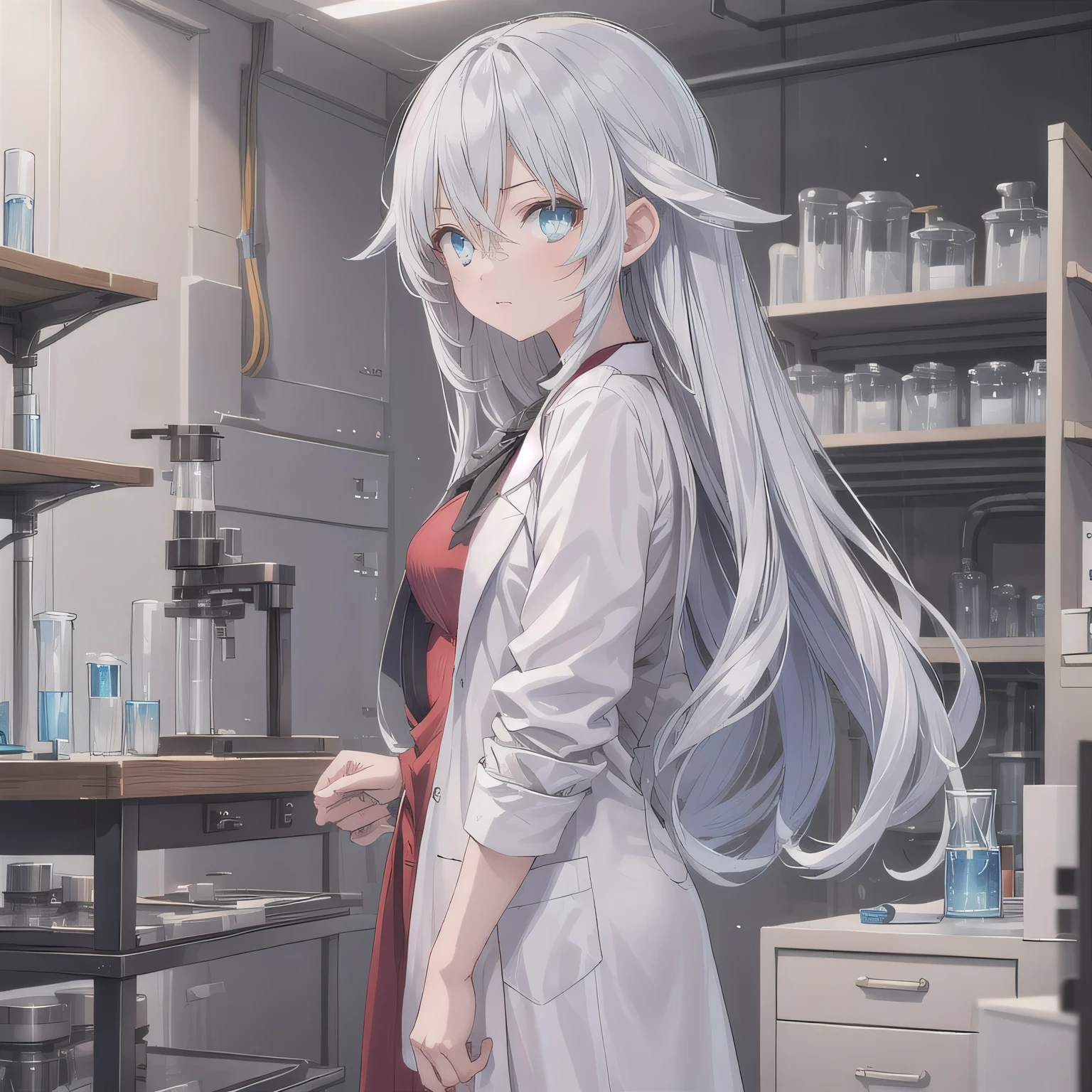Depict a 20-year-old, stunningly beautiful woman conducting an experiment in a well-equipped science lab. She wears a pristine white lab coat over professional attire, her expression focused as she carefully handles scientific instruments. Whether her hair is long and neatly tied back or short and styled, she maintains a meticulous appearance suited for the lab environment. The background features shelves filled with scientific equipment, adding to the immersive atmosphere of the setting. Long hair, silver hair, blue eyes.