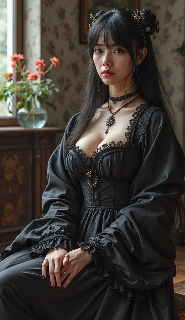 Goth girl, 21 years old, black straight long hair, gothic Victorian age clothes, 3ddd/f chest, Hough glass body, photo realistic eyes. Heavy Goth makeup, russian type skin colour, dark brown eyes