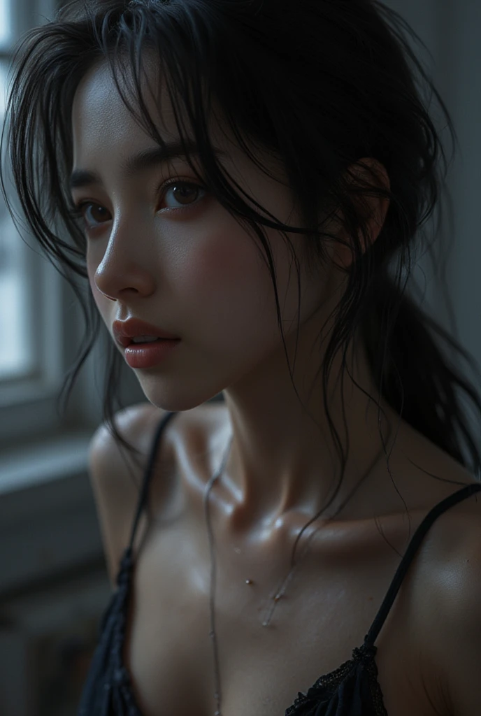 a gothic asian girl, thin body, large breasts, black lingerie, partially exposed breasts, detailed face, detailed eyes, detailed lips, beautiful long eyelashes, detailed facial features, detailed skin, intricate lingerie patterns, dramatic lighting, dark moody atmosphere, cinematic composition, (best quality,4k,8k,highres,masterpiece:1.2),ultra-detailed,(realistic,photorealistic,photo-realistic:1.37),dramatic lighting,chiaroscuro lighting,dramatic shadows,moody colors,deep blacks,vivid colors