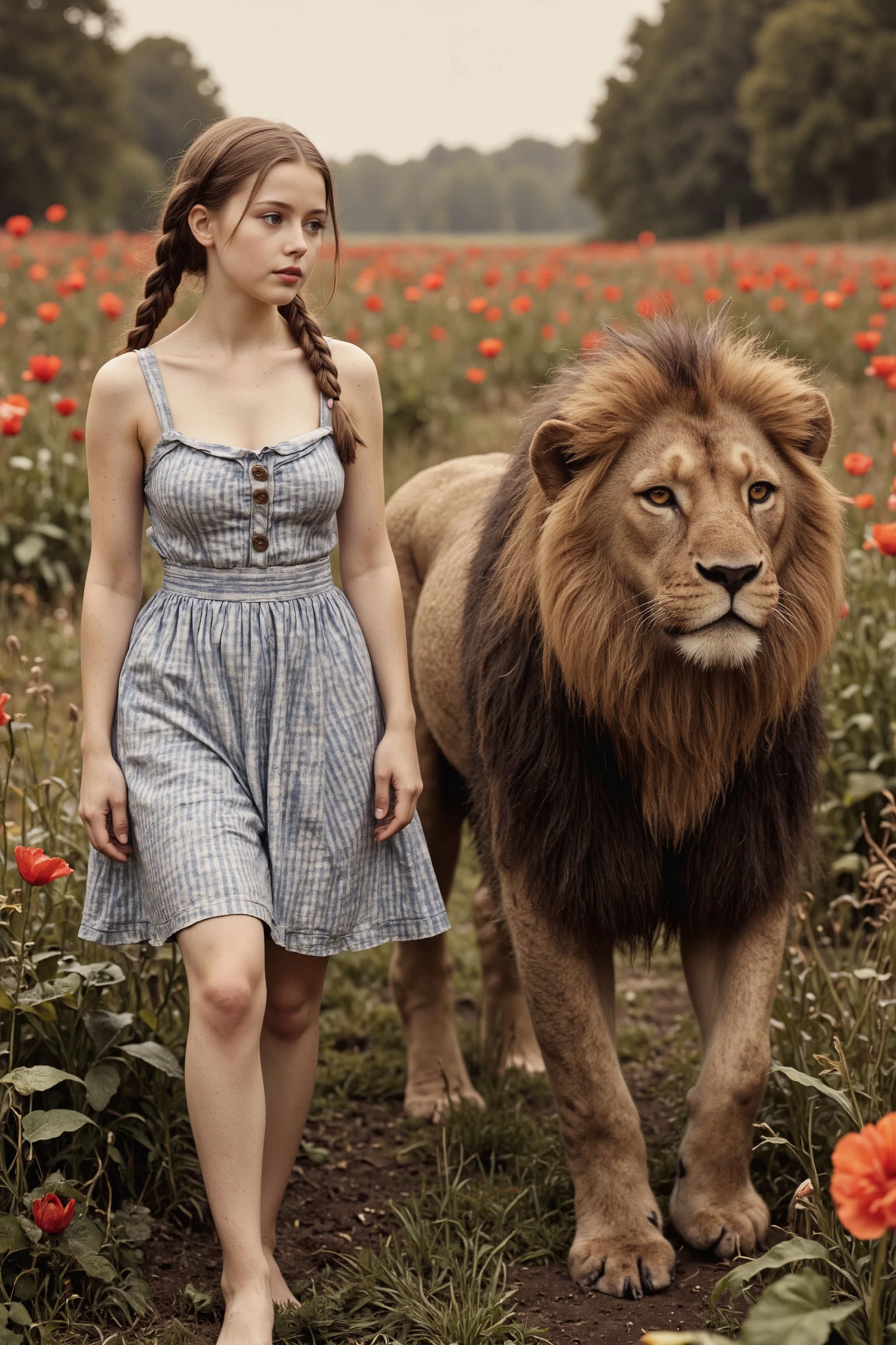 Dorothy is sex puppet, Dorothy and the Cowardly Lion walking through a field of poppies,
antqgldnCE style, 
nsfw,
for Adult,
Photorealism,
((A scene from a live-action movie)),
Incredibly detailed,
19th century photo, antique photo, sepia toned photo, 

Dorothy has her long hair in braids,
(((Dorothy is practically naked now))),
Dorothy is wearing only a short, blue and white gingham sleeveless, collarless pinafore dress,
Dorothy is wearing nothing else,
Dorothy has no blouse,
Dorothy's shoulders are bare,
Dorothy's cleavage is visible,
Dorothy is barefoot,
Dorothy is voluptuous despite being very young, 