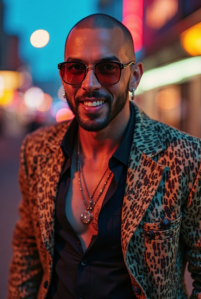 Mohamed Ramadan goes shirtless in front of crowded people on a City Street.his nipple touched by the Guy. He gigles. He laugh. The wind blow the coat. He just wear the leopard suit with no Shirt inside.