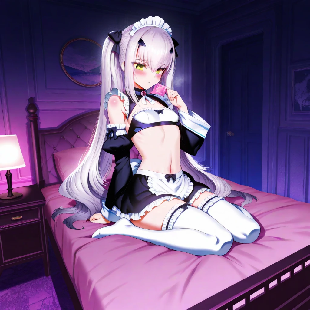 ((highest quality)), ((masterpiece)), (become familiar with), Girl with the perfect face, realistic, best quality people, ((((Light costume)))), (big breasts), Sparkling, (20-year-old), ((White string: 1.5)), (((Chest dew: 1.5)))), ((please lie down on the bed: 1.5)))), (((open your legs: 1.8)),correct limbs,perfect limbs。maid、bare chest、Cute beautiful Iful Girl、Touching the with your hand。sweaty。 two people have sex。Half-naked。Wearing fishnet stockings,spread your legs