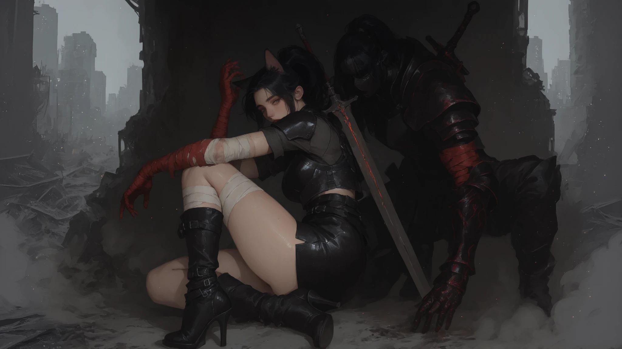 A beautiful girl with cat ears, black hair with ponytail, with a long side fringe, ojos rojos, a black armor for girls and leather, with a black textured leather skirt, (A big red gauntlet on the right arm), (left arm without gauntlet hands bandaged) (a sword on the back very elongated), (black boots with heels), beautiful thighs, In the background an abandoned city gray colors, Particles , dust.