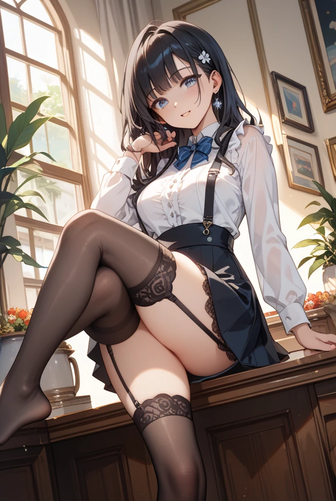 very cute and beautiful girl,(Very detailed美しい顔), (smile),blush,Black Hair,Seraphim,(White Shirt、Pleated navy blue pread your legs、Squat)、Sitting、(From below)、(Black tights、Lacy white ), Country road, (Highest quality,masterpiece:1.0),Absurd,High resolution,Super detailed,Very detailed,32K,8k resolution, Intricate details,Movie Scenes,Detailed Background,alone,Dynamic Angle,