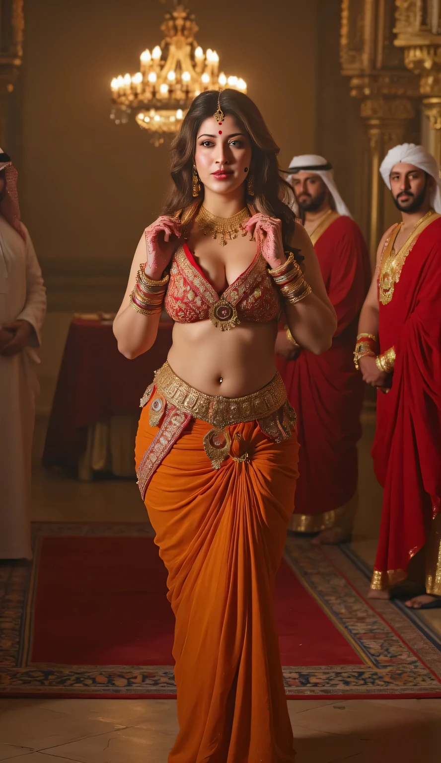 full body view, hindu goddess Laxmi, nsfw in Islamist country, sexy laxmi, with arab mensdetailed full body portrait of the hindu goddess Laxmi, sensual and provocative pose, wearing revealing gold and silk clothing, sultry expression, semi curvy,surrounded by opulent Islamic architectural elements, arab men in traditional robes observing from the background, ultra-detailed, photorealistic, 8K, HDR, cinematic lighting, intricate fabric textures, dramatic chiaroscuro, vibrant colors, masterpiece