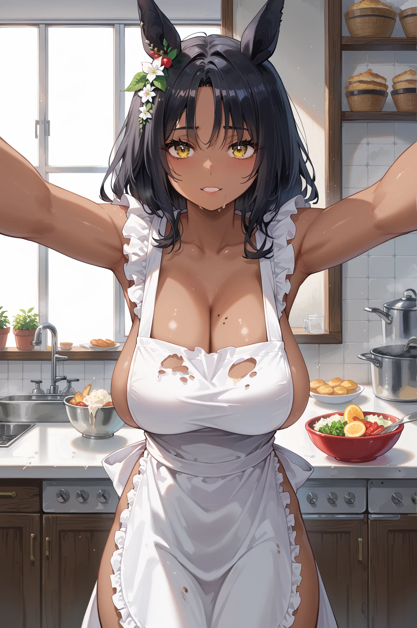 (anime style),masterpiece, best quality, extremely detailed,shoot from side,10Year old,tanned skin,dark skin, gigantic breast,BREAK,multicolored colorful black hair,single braid,hair slicked back,BREAK,black eyes,wedding ring,smile,open mouth,pout,detailed lips,open legs,BREAK,cotton black bobby pin,BREAK,yellow a sweater with vertical stripes,kitchen apron,striped_bikini,off shoulder,navel,break,head tilt,in the kitchen,have a hot cream stew,All fours,bouncing_breasts,