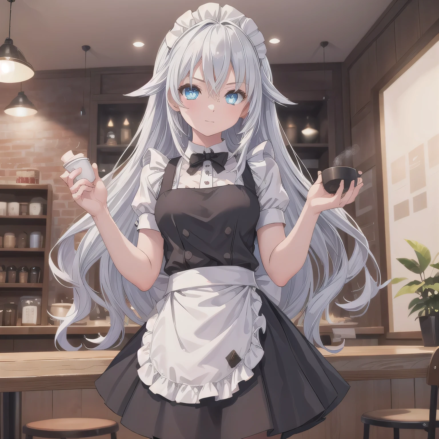 A girl is working as a waitress in a cozy cafe. She's wearing a classic maid outfit. The air feels warm and calm, and it's like you can almost smell the coffee through the picture. Long hair, silver hair, blue eyes.
