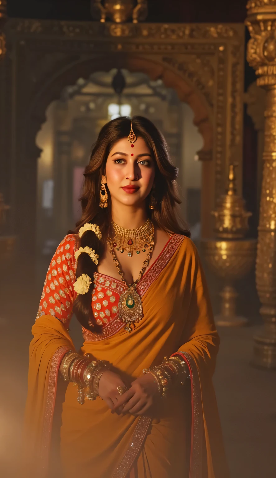 full body view, hindu goddess lasxmi, nsfw in Pakistan, detailed 4K photorealistic portrait, beautiful female goddess figure with intricate jewelry and golden skin, serene facial expression, graceful posture, flowing robes, ornate temple background, glowing divine light, epic fantasy, dramatic chiaroscuro lighting, vivid colors, highly detailed, masterpiece, cinematic composition, professional photography