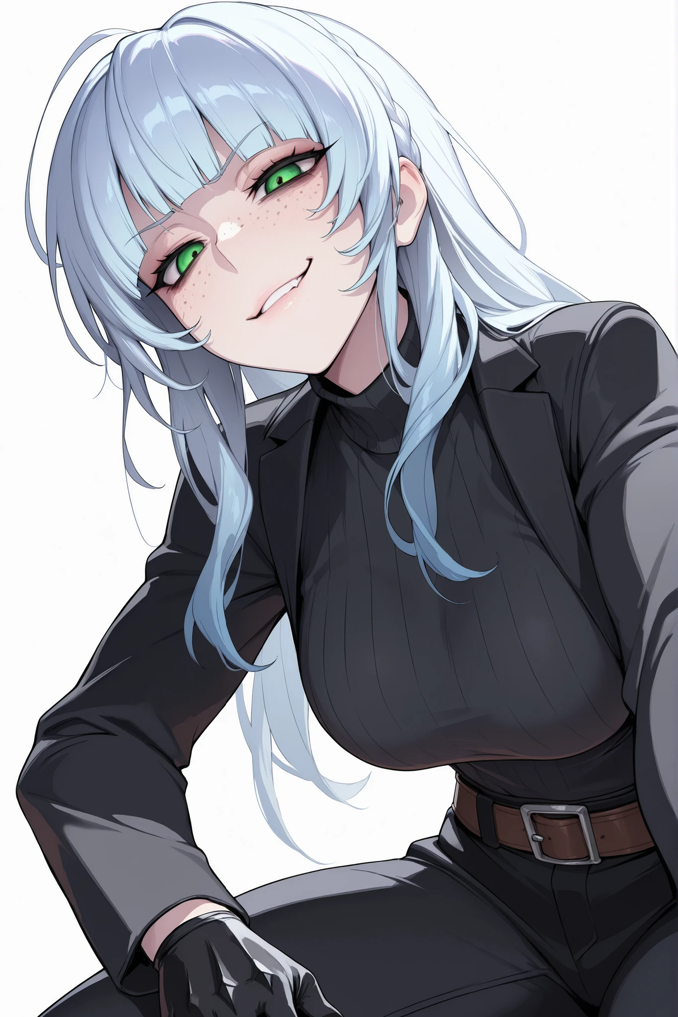 absurdres, (((Ultra HD))), (((Ultra High Quality))), ((hyper detailed)), ((Ultra High Resolution)), (Highly rendered), ((detailed eyes)), (((8K))), ((perfect face)), ((masterpiece)), cinematic, darkened, solo, 1girl, young, thin, freckles, blue hair, long hair, blunt bangs, smirk, green eyes, medium breasts, black sweater, black jacket, belts, belts on arms, clawed gloves, skirt, black pants, white background