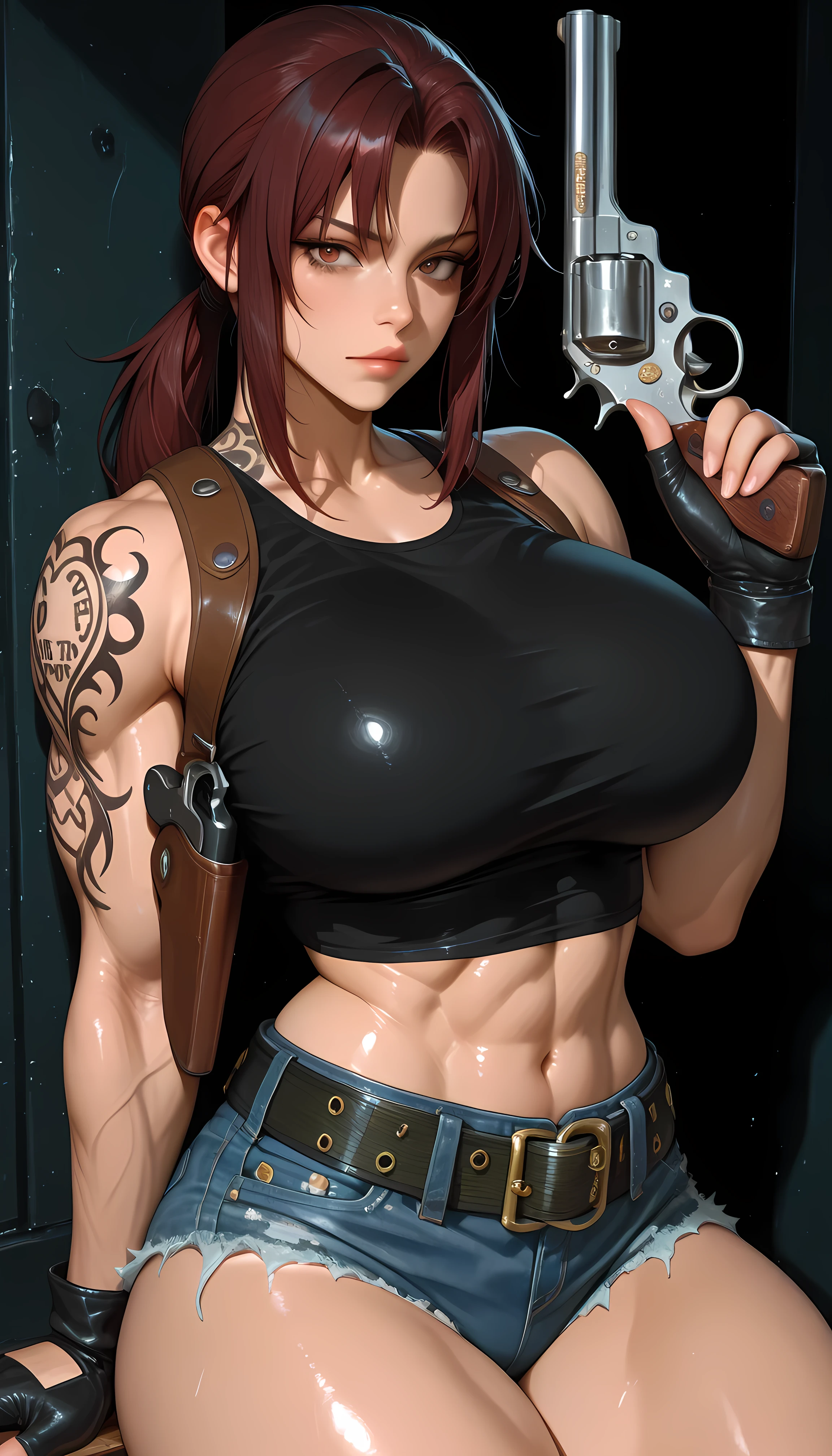 masterpiece, best quality, amazing quality, hyper-detailed, newest, very aesthetic, 1girl, Revy, photo posing, huge breasts, large thighs, diffused light, absurdres, highres, hd particles, muscle, shiny muscle, blacklagoonrevy, shoulder tattoo, ponytail, black tank top, crop top, shoulder holster, black gloves, fingerless gloves, blue shorts, denim shorts, cutoffs, short shorts, belt, midriff, holding revolver