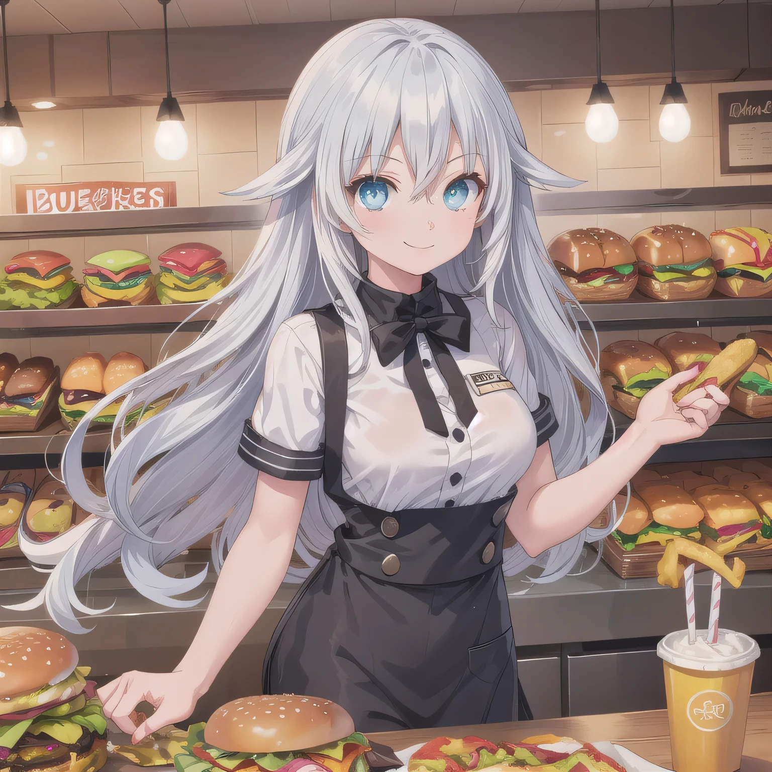 She is a cheerful girl working behind the counter at a cozy burger shop. She is wearing a cute burger shop uniform and smiling warmly at the customers. The background shows a bright and clean fast food counter with menu boards. Long hair, silver hair, blue eyes.