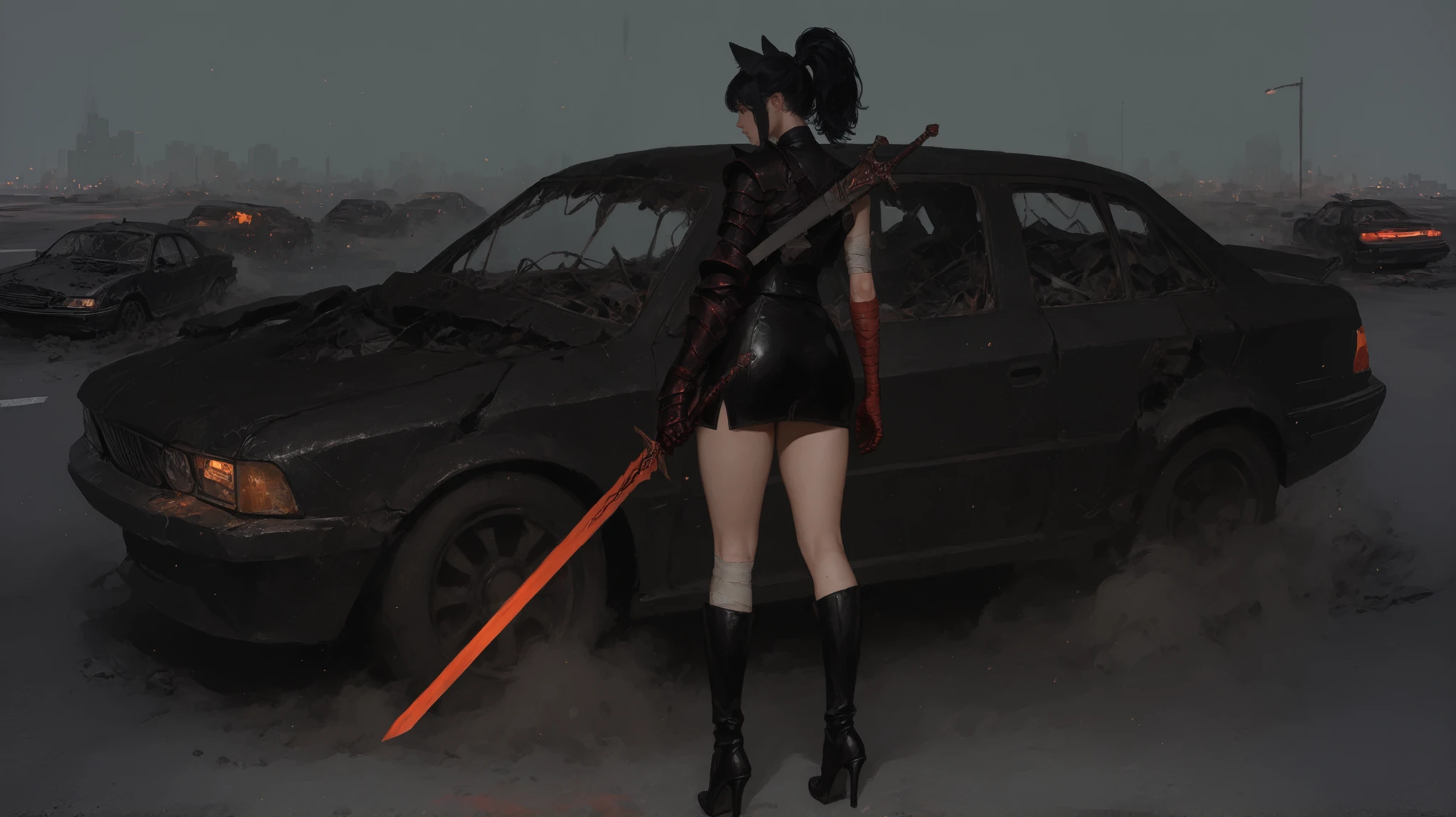A beautiful girl with cat ears,  black hair with ponytail, with a long side fringe, ojos rojos, a black armor for girls and leather, with a black textured leather skirt, (A big red gauntlet on the right arm), (left arm without gauntlet hands bandaged) (a sword on the back very elongated), (black boots with heels),  beautiful thighs, (She is standing) In the background an abandoned city gray colors,  Particles , dust, wrecked cars , parking lots with burnt out cars.