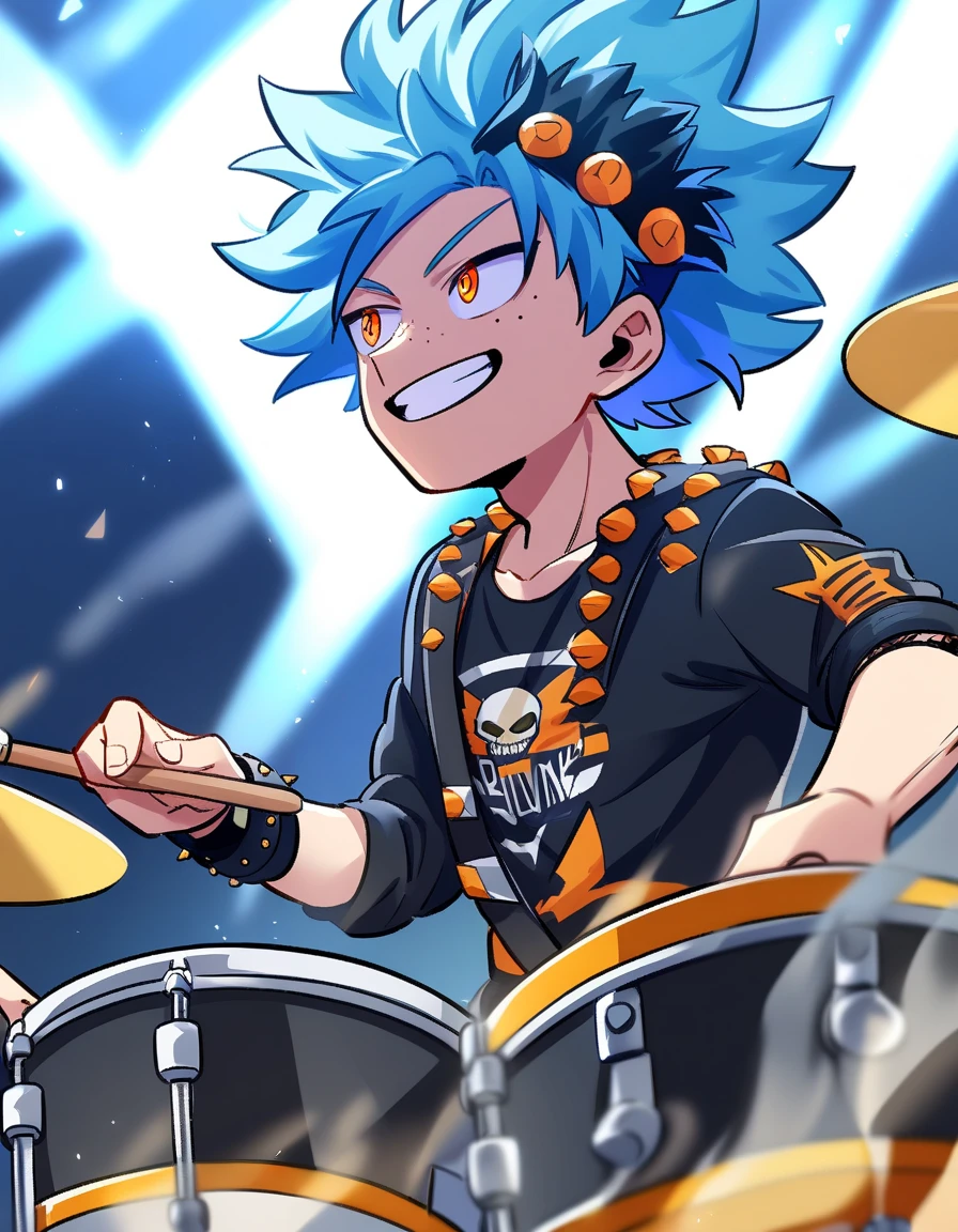(((masterpiece,Highest quality))),(((A male anime character with a multi-colored, spiky hairstyle, sunglasses, and a somewhat revealing patent leather jacket and Visual Kei outfit.))),((Wearing a small hat at an angle)),(((Sitting at the drum set and playing))),(((Playing the drum set on a live stage,They are performing while sweating and laughing.))),Focus on the upper body,(high quality),アニメ,rainbow highlights hair,streaked hair