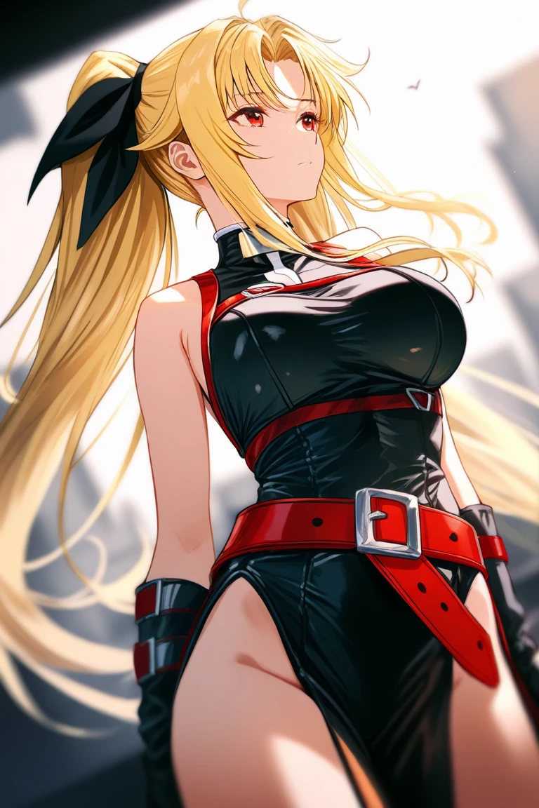 (nsfw:0.7),(RED Ribbon on HAIRband:1.2),(8k back ground), ((deep shadow)), (ultra fine illustration), (best quality), (insanely detailed eyes mouth lip hair arms legs clothes back ground), (1girl, girly makeup, surprise, shocked, blond, blunt bangs,long curly hair, Medium breasts and thighs), (wearing red patent leather body suit), cameltoe, ((madeon, from below, seiling)), ((crotch close-up)), (steam), (((straddling a pov body))),(pointy_groin)