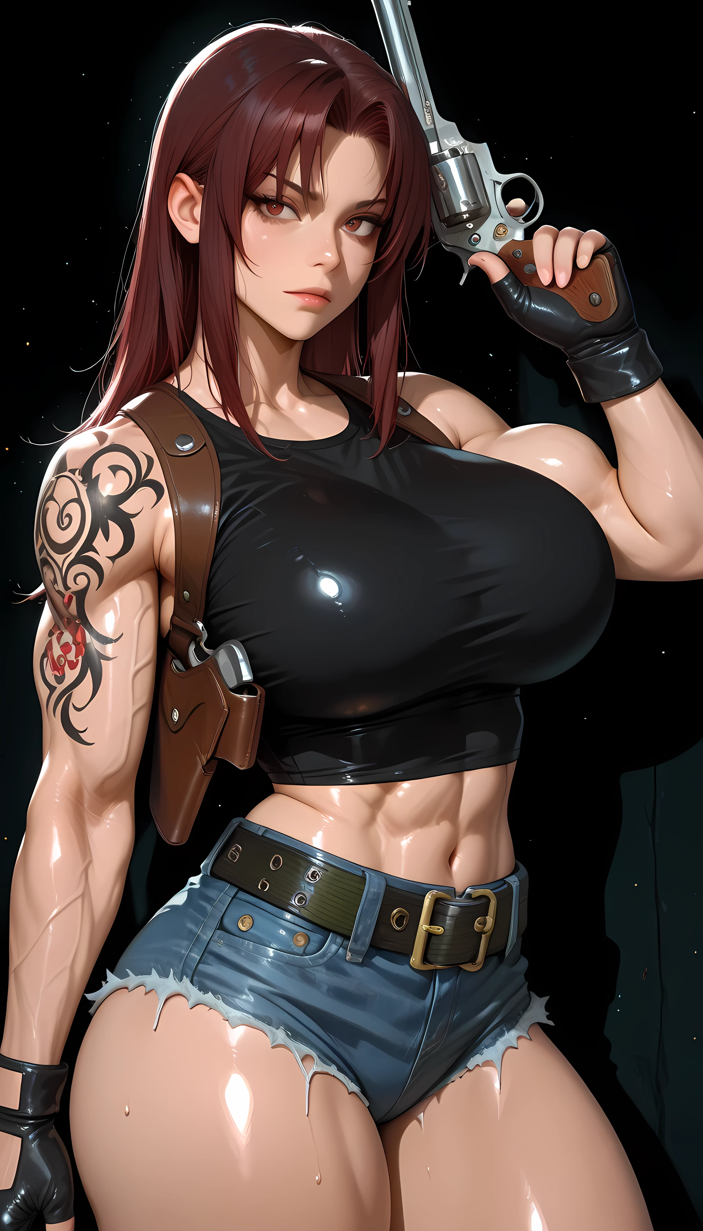 masterpiece, best quality, amazing quality, hyper-detailed, newest, very aesthetic, 1girl, Revy, photo posing, huge breasts, large thighs, diffused light, absurdres, highres, hd particles, muscle, shiny muscle, blacklagoonrevy, shoulder tattoo, long hair, black bikini, shoulder holster, black gloves, fingerless gloves, blue shorts, denim shorts, cutoffs, short shorts, belt, midriff, holding revolver to head, evil smils