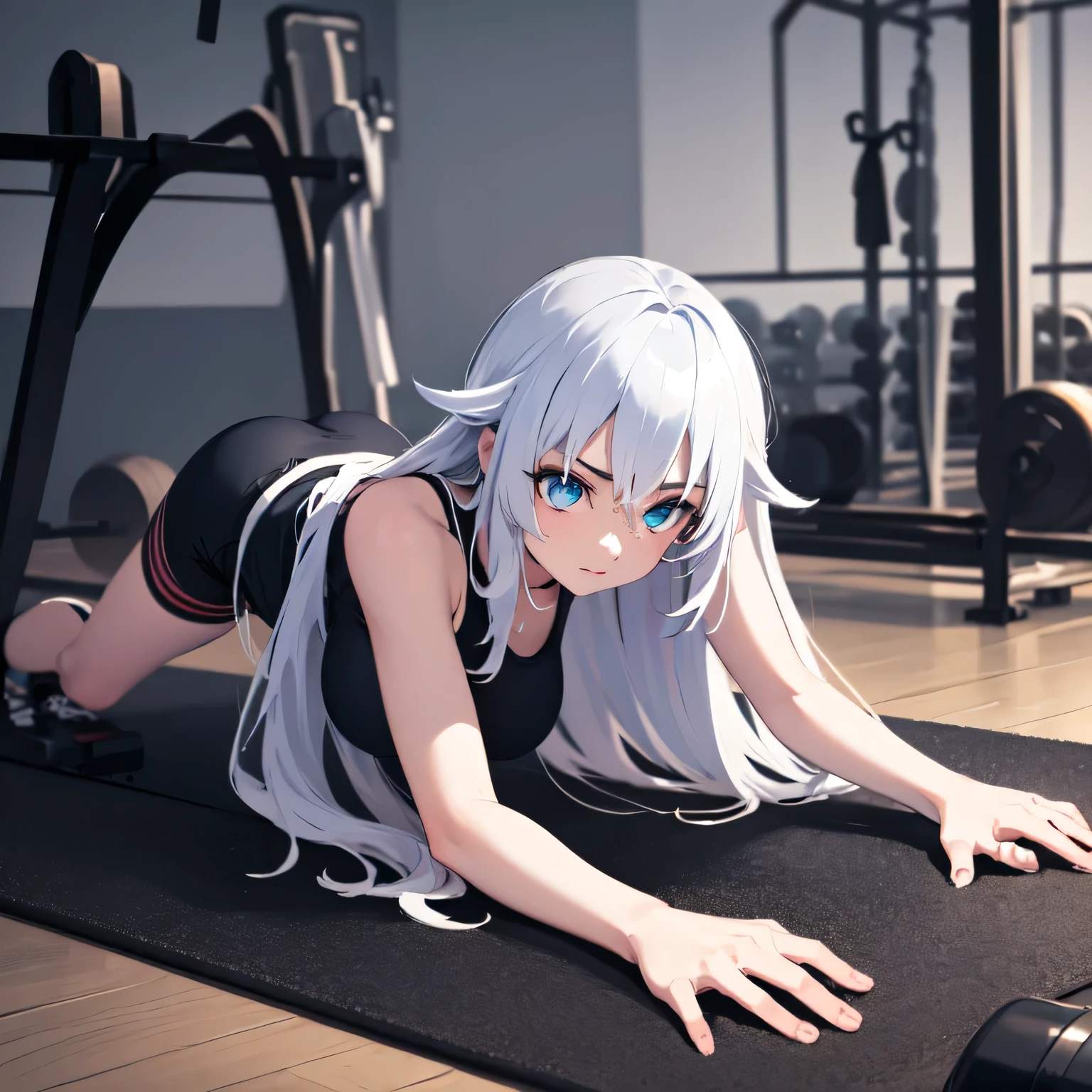 A person doing a plank exercise on a mat in a fitness gym, minimal equipment, bright interior. Long hair, silver hair, blue eyes.
